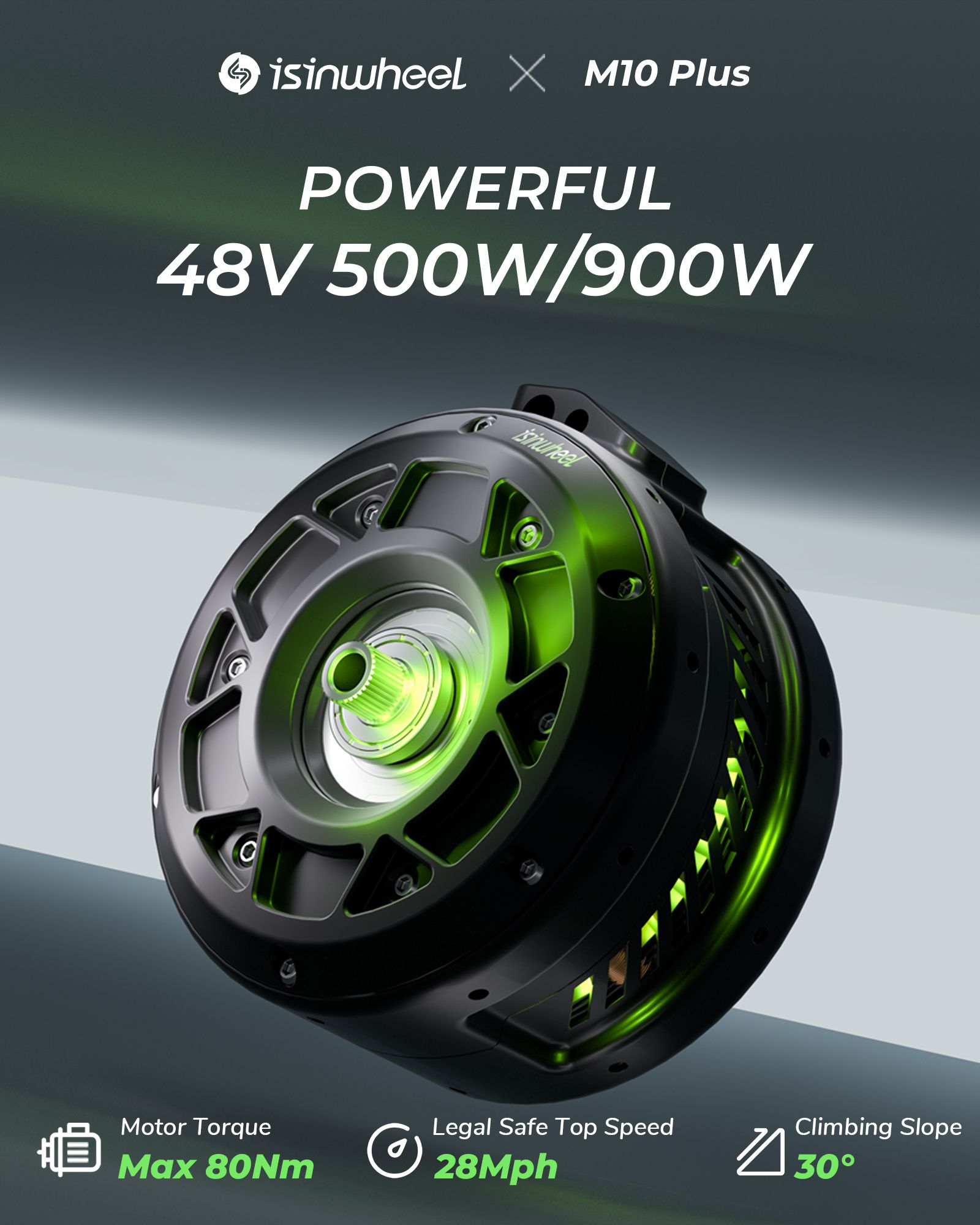 E-Bike-Motor mit grüner Beleuchtung. Text: POWERFUL, 48V 500W/900W, Motor Torque Max 80Nm, 28Mph, 30°.