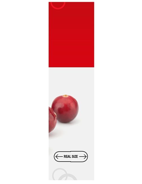 Zwei rote Cranberries, eine ganz und eine angeschnitten. "Echte Größe" ist aufgedruckt.