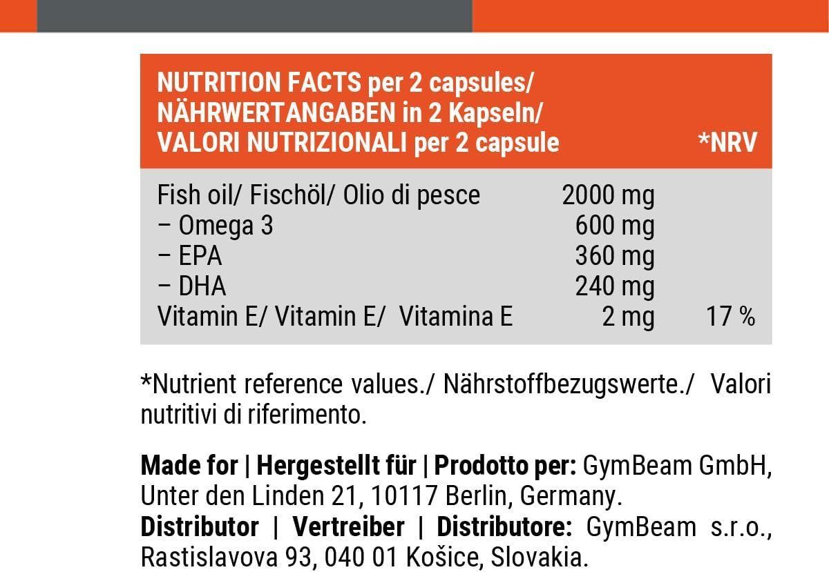 Nährwerttabelle für GymBeam Omega 3 Kapseln, zeigt Fischöl, Omega 3, EPA, DHA und Vitamin E.