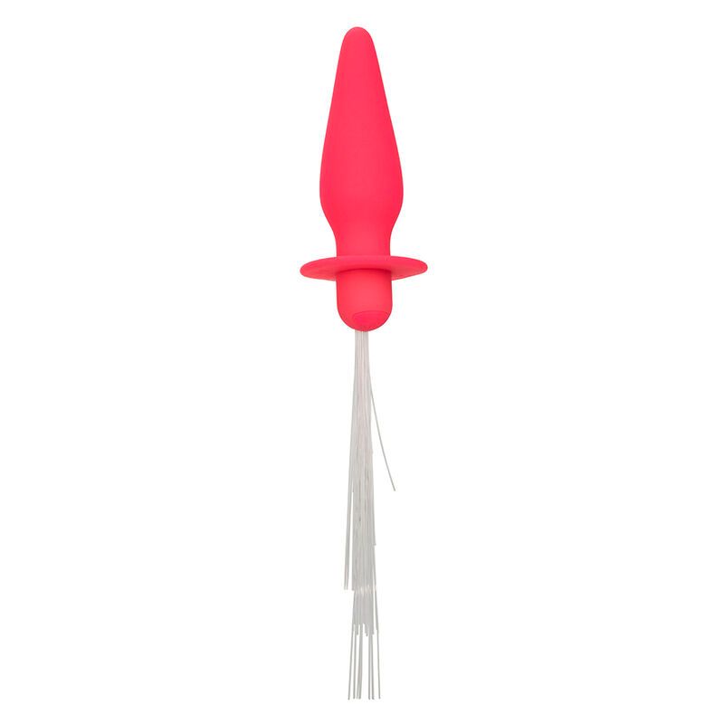 Pinkfarbener Analplug aus Silikon mit Lichtfasern. Kegelförmiger Schaft, runder Flansch. Weiße Lichtfasern am Ende.