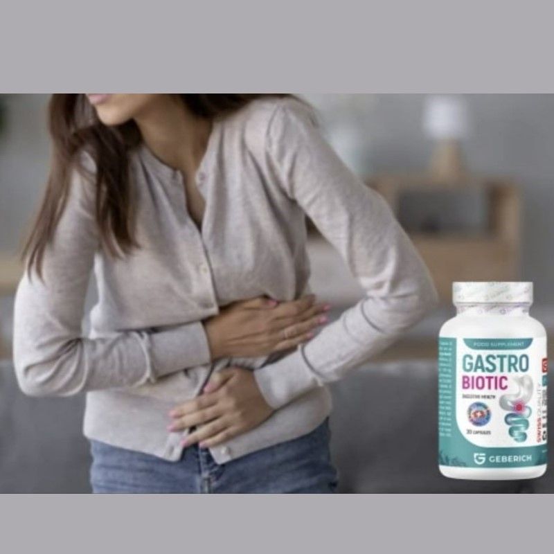Frau hält sich den Bauch. Daneben Flasche mit GastroBiotic-Kapseln. Aufschrift: Digestive Health, Geberich.