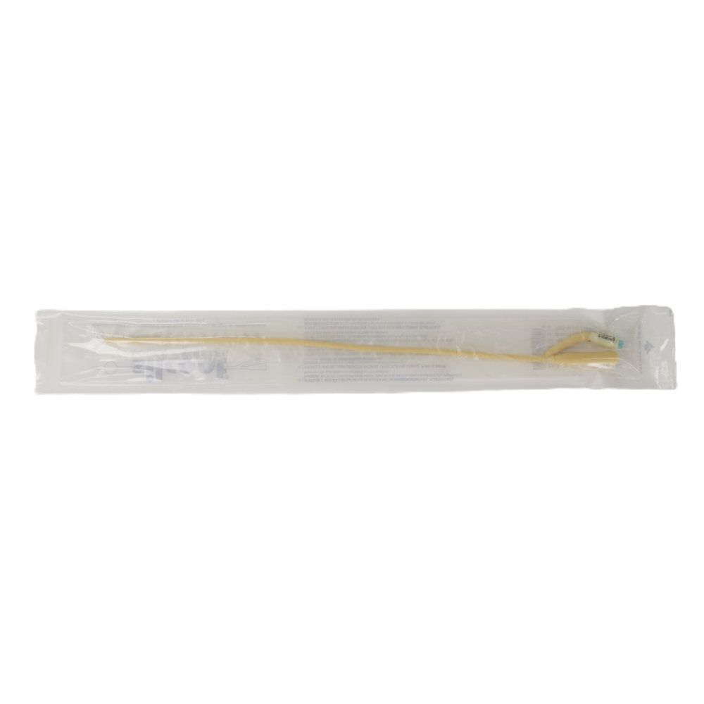 Katheter in steriler Verpackung. Schlauchförmig, gelb. Mit blauer Spitze. Verpackung transparent.