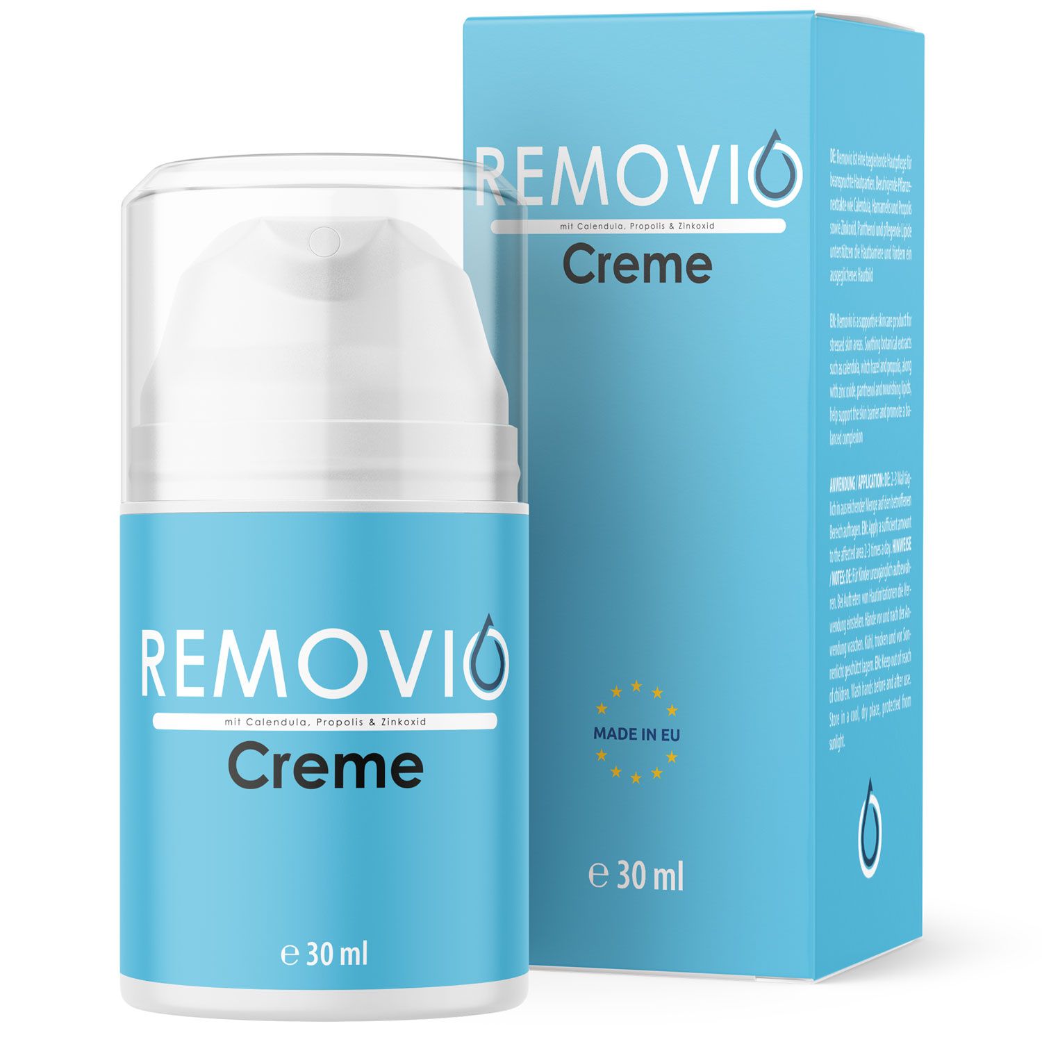Blau-weiße Creme-Flasche und Schachtel. Aufschrift: Removio Creme. Mit Calendula, Propolis & Zinkoxid. Made in EU. Volumen: 30 ml.