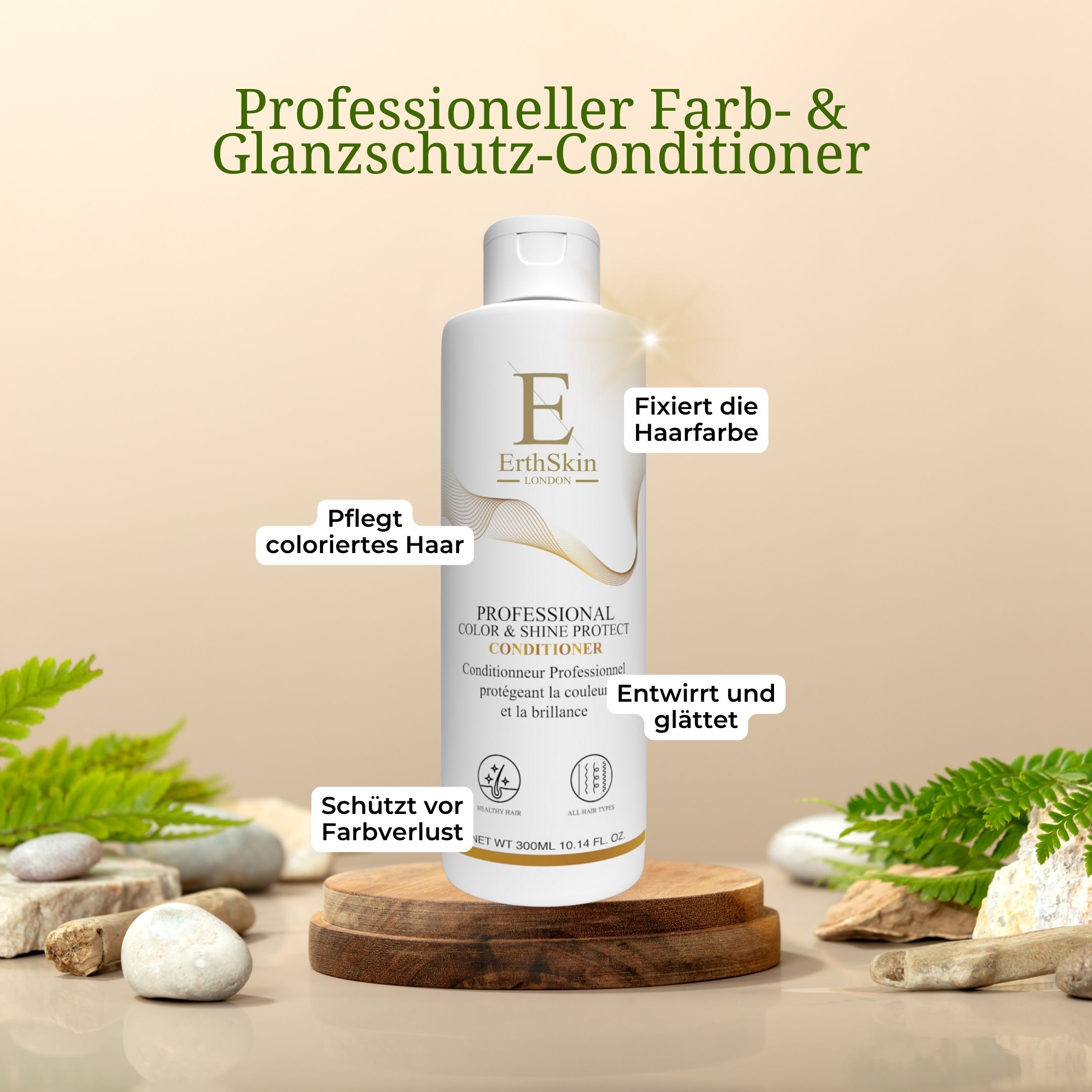 Eine Flasche Conditioner. Aufschrift: ErthSkin London. Text: Professional Color & Shine Protect Conditioner. Auf Holzsockel.