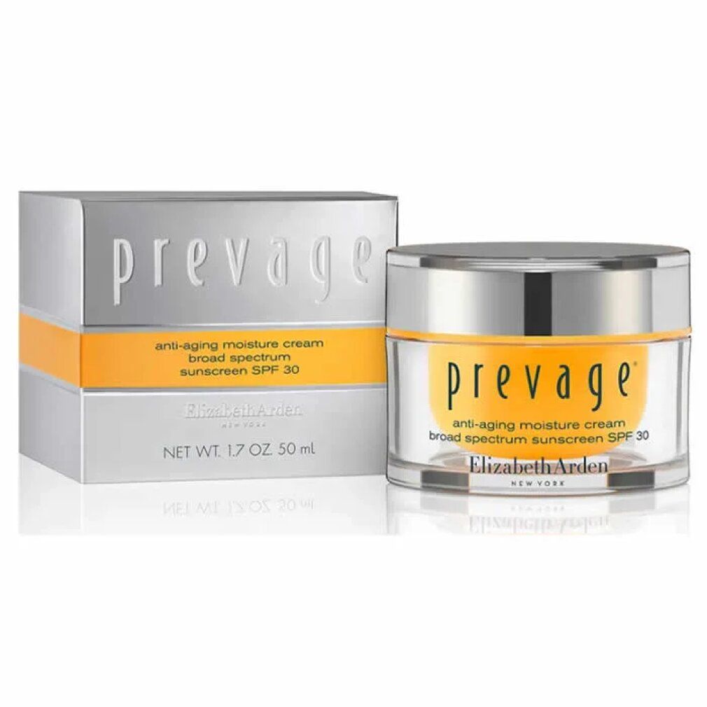 Cremebehälter und Schachtel. Aufschrift "prevage", "anti-aging moisture cream broad spectrum sunscreen SPF 30" und "Elizabeth Arden".