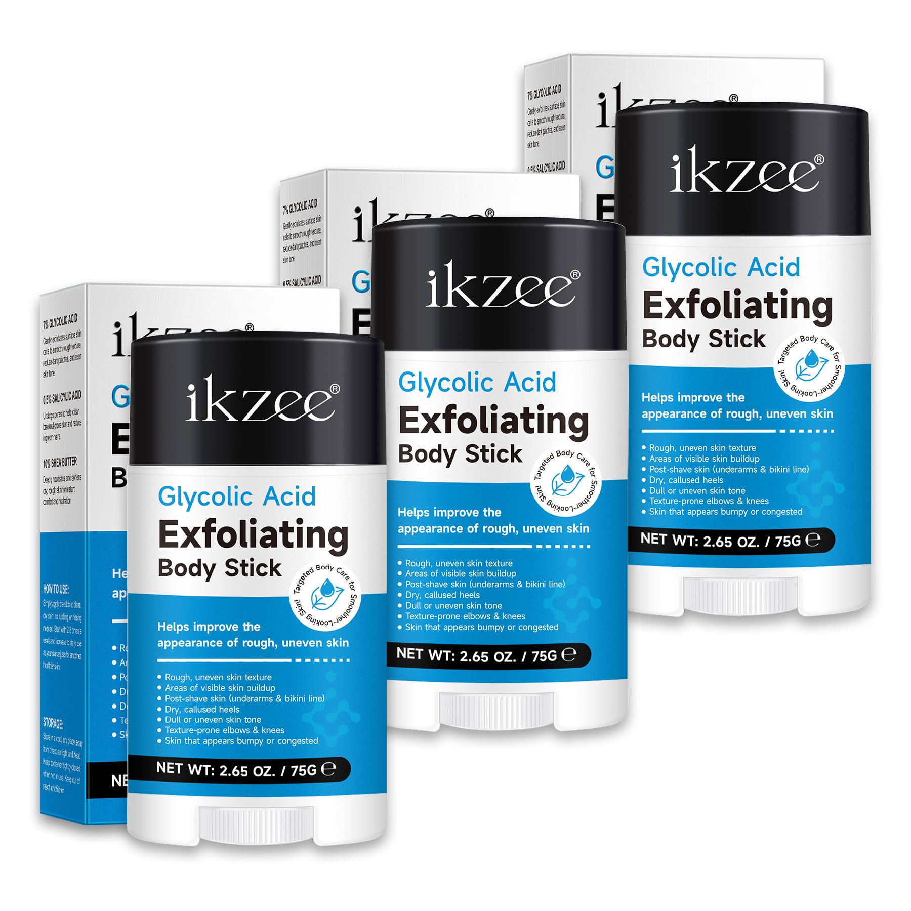 Mehrere Packungen und Sticks. Aufschrift: Glykolsäure Exfoliating Body Stick. Blaue und weiße Verpackung. Marke: ikzee.