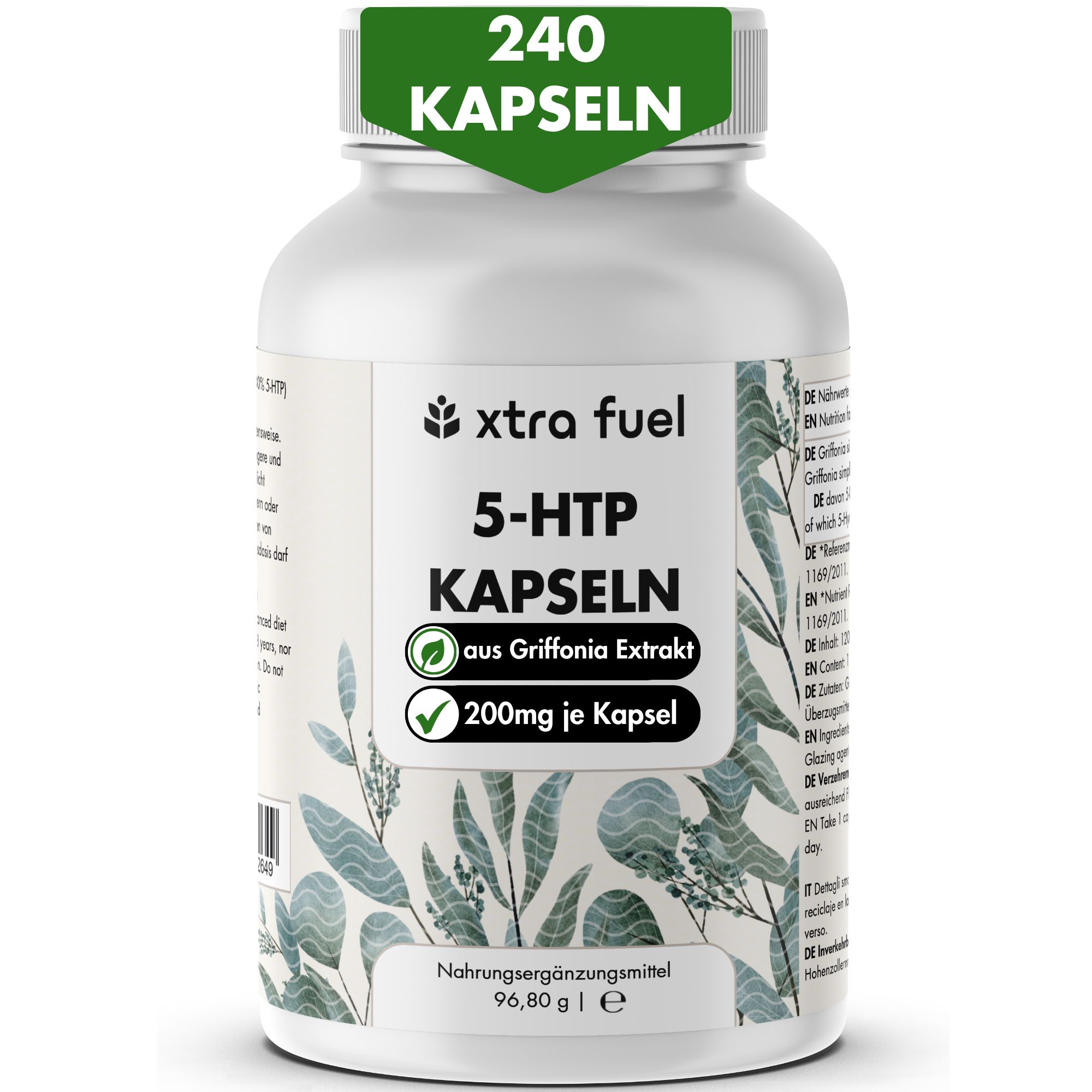 Weiße Flasche mit 240 Kapseln. Aufschrift: XTRA FUEL 5-HTP Kapseln, 200mg je Kapsel. Grün-weiße Verpackung.