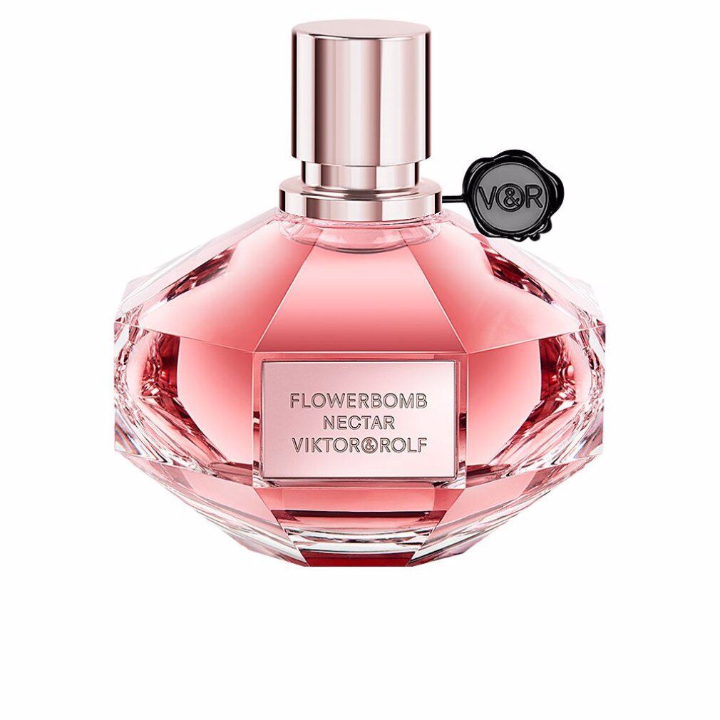 Parfümflakon, rosa Flüssigkeit, achteckige Form, silberner Verschluss, schwarzes Siegel mit Logo. Text: Flowerbomb Nectar Viktor&Rolf.