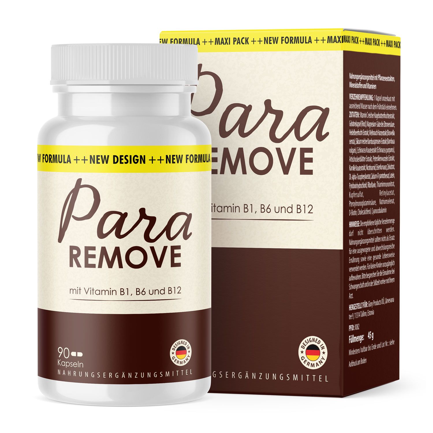 Braune und weiße Kapsel-Dose mit Aufschrift "Para Remove". Daneben eine braune Schachtel mit Text. "Made in Germany".