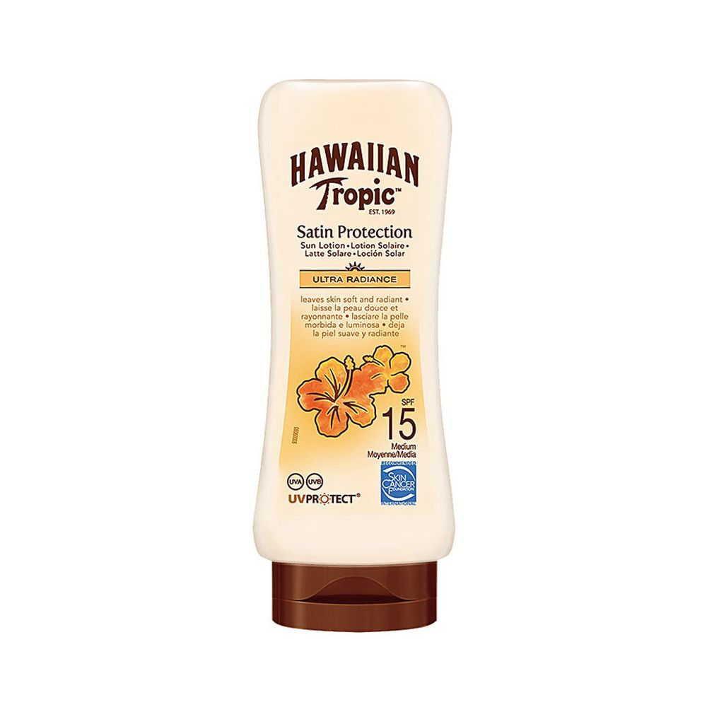 Hawaiian Tropic Satin Protection Sonnencreme LSF 15, weiße Flasche, brauner Deckel, gelbe Blüten.