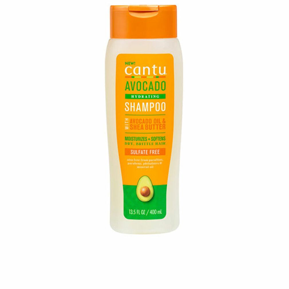 Cantu Avocado Hydrating Shampoo. Weiße Flasche mit orangefarbenem Deckel. Produktname und Avocado-Illustration auf dem Etikett.