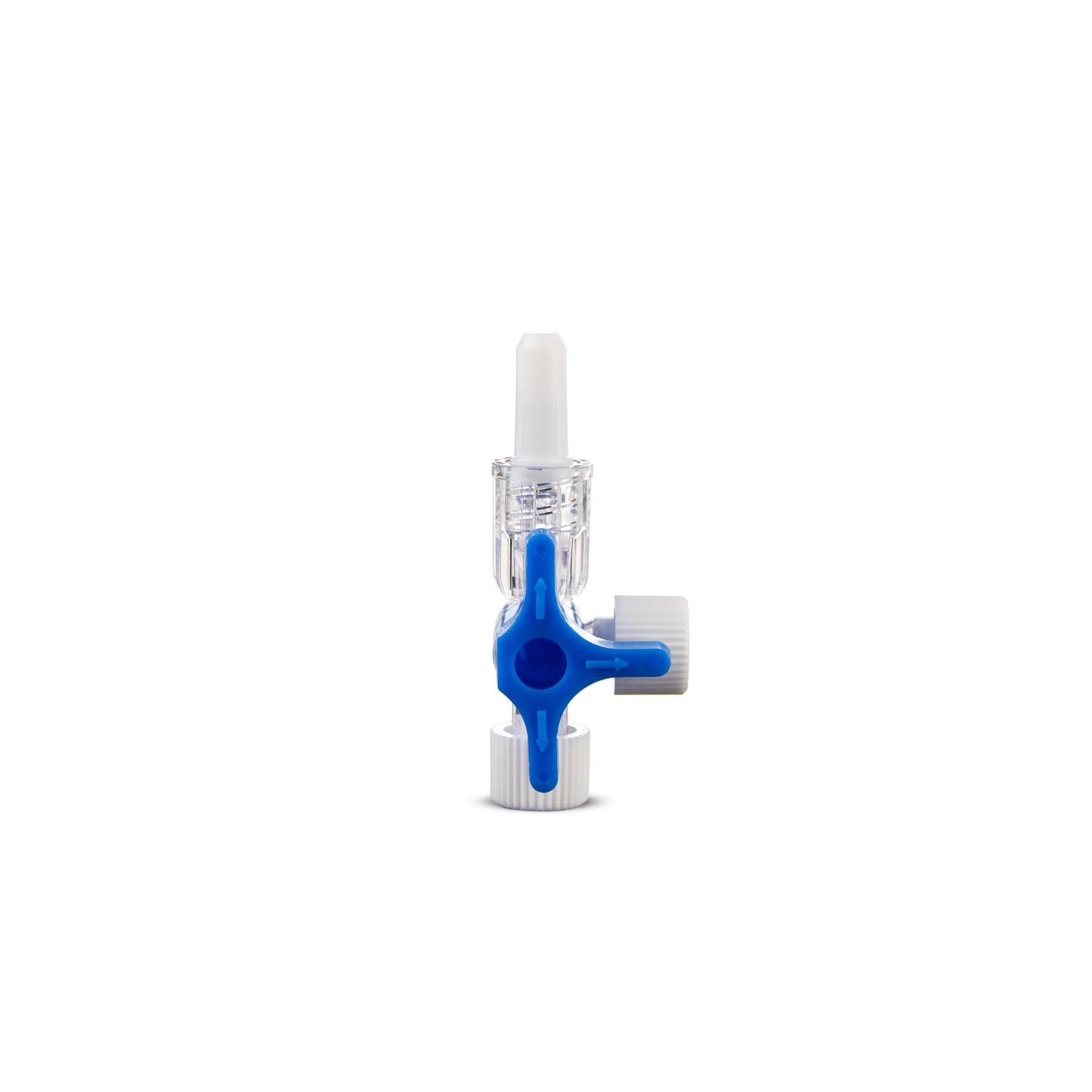 Blauer Dreiwegehahn. Transparentes Gehäuse, blauer Drehgriff, weißer Anschluss.