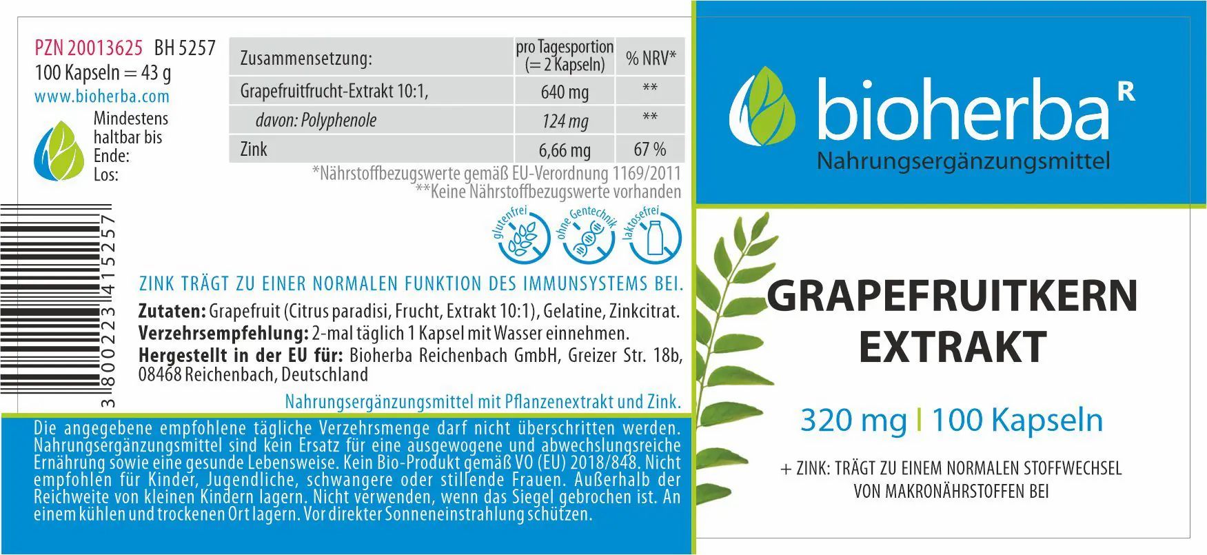 Produktetikett mit Inhaltsstoffen und Nährwertangaben. Bioherba Grapefruitkern Extrakt Kapseln. 320 mg | 100 Kapseln.