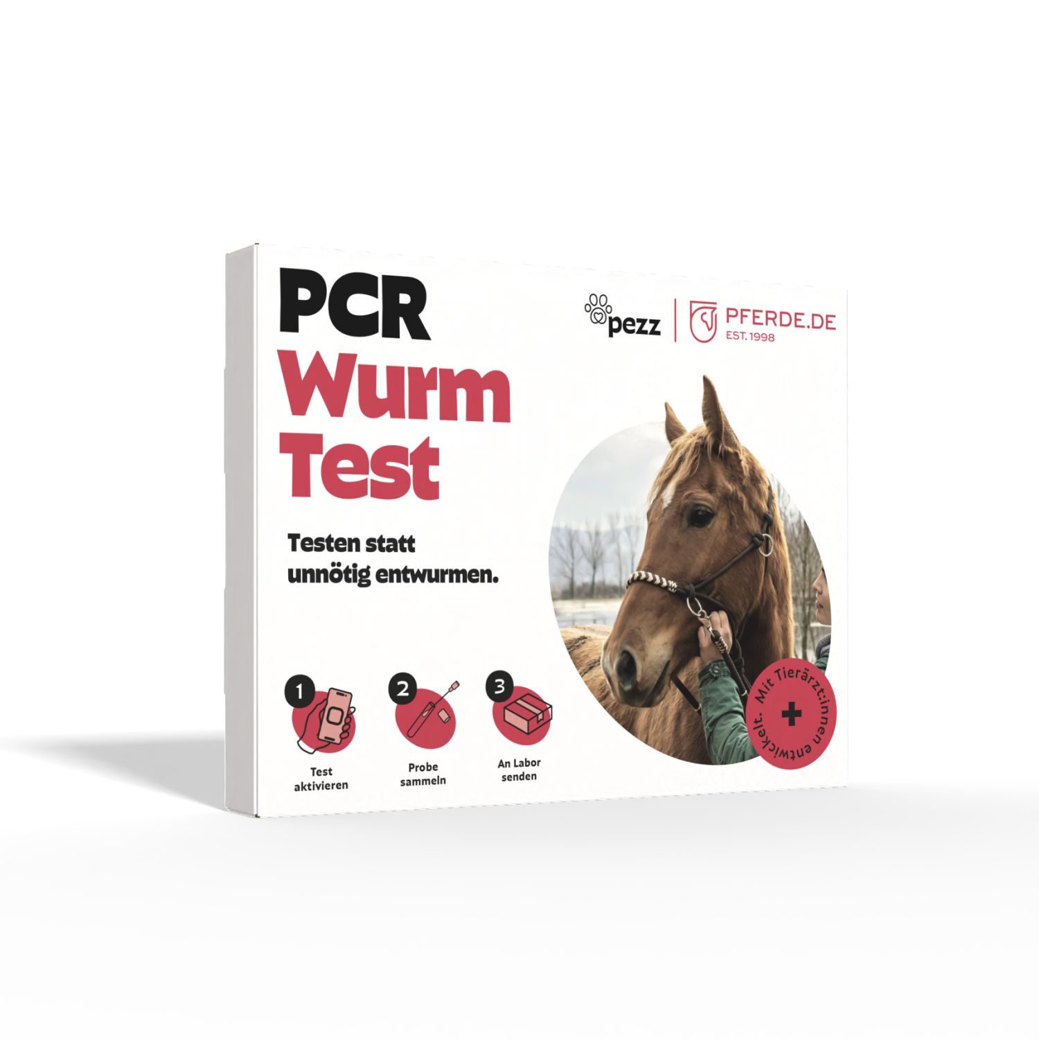 Pezz Pferde Wurmtest PCR-Kit. Weißer Karton mit Produktnamen und Pferdeabbildung. Enthält Testaktivierung, Probensammlung, und Laborsendung.