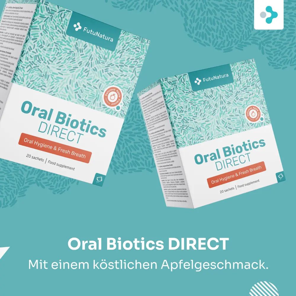 Zwei FutuNatura Oral Biotics DIRECT Packungen. Text: Mit einem köstlichen Apfelgeschmack.