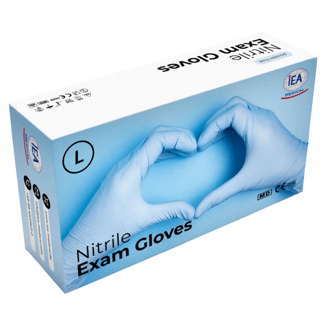 Eine Schachtel mit blauen Nitril-Untersuchungshandschuhen. Auf der Schachtel steht: Nitrile Exam Gloves. Größe L.