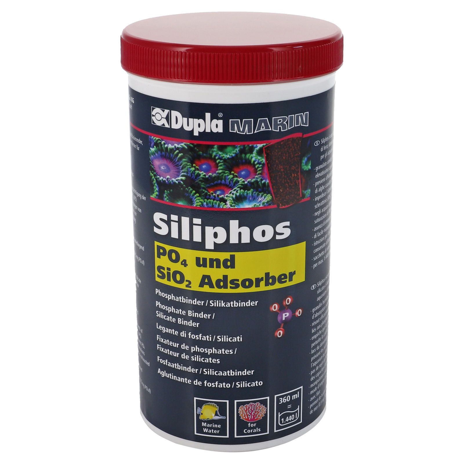 Zylindrische Dose mit rotem Deckel. Aufschrift: Dupla Marin Siliphos. Enthält 360 ml. Produkt zur Wasseraufbereitung.