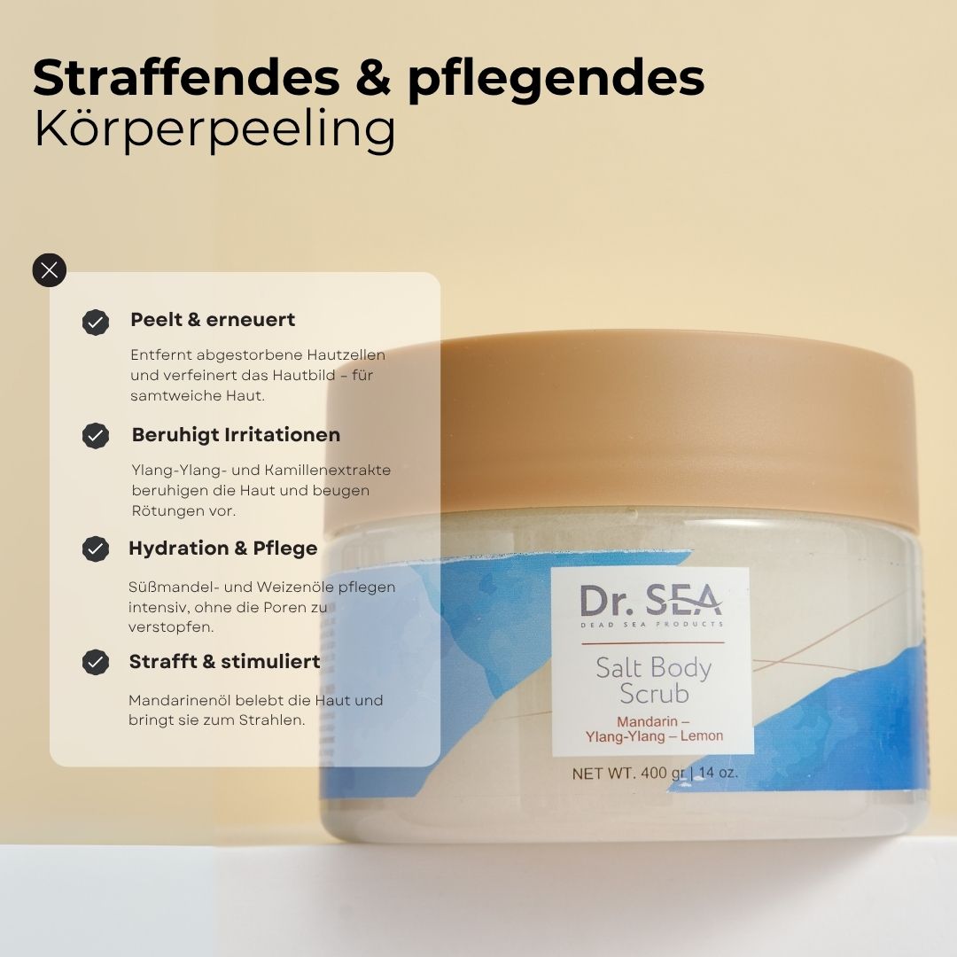 Körperpeeling-Behälter mit Produktinformationen. Text: Peeling & Erneuerung, beruhigt Irritationen, Hydratation & Pflege.