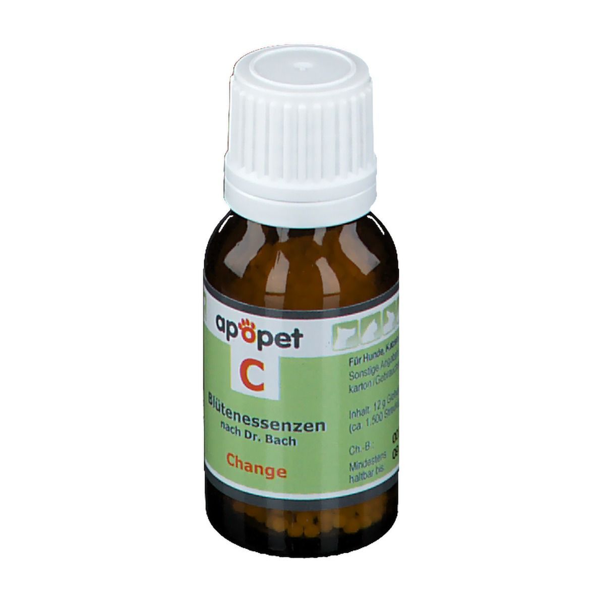 Braune Glasflasche mit weißem Deckel und grünem Etikett. Aufschrift: apopet C, Blütenessenzen nach Dr. Bach, Change.