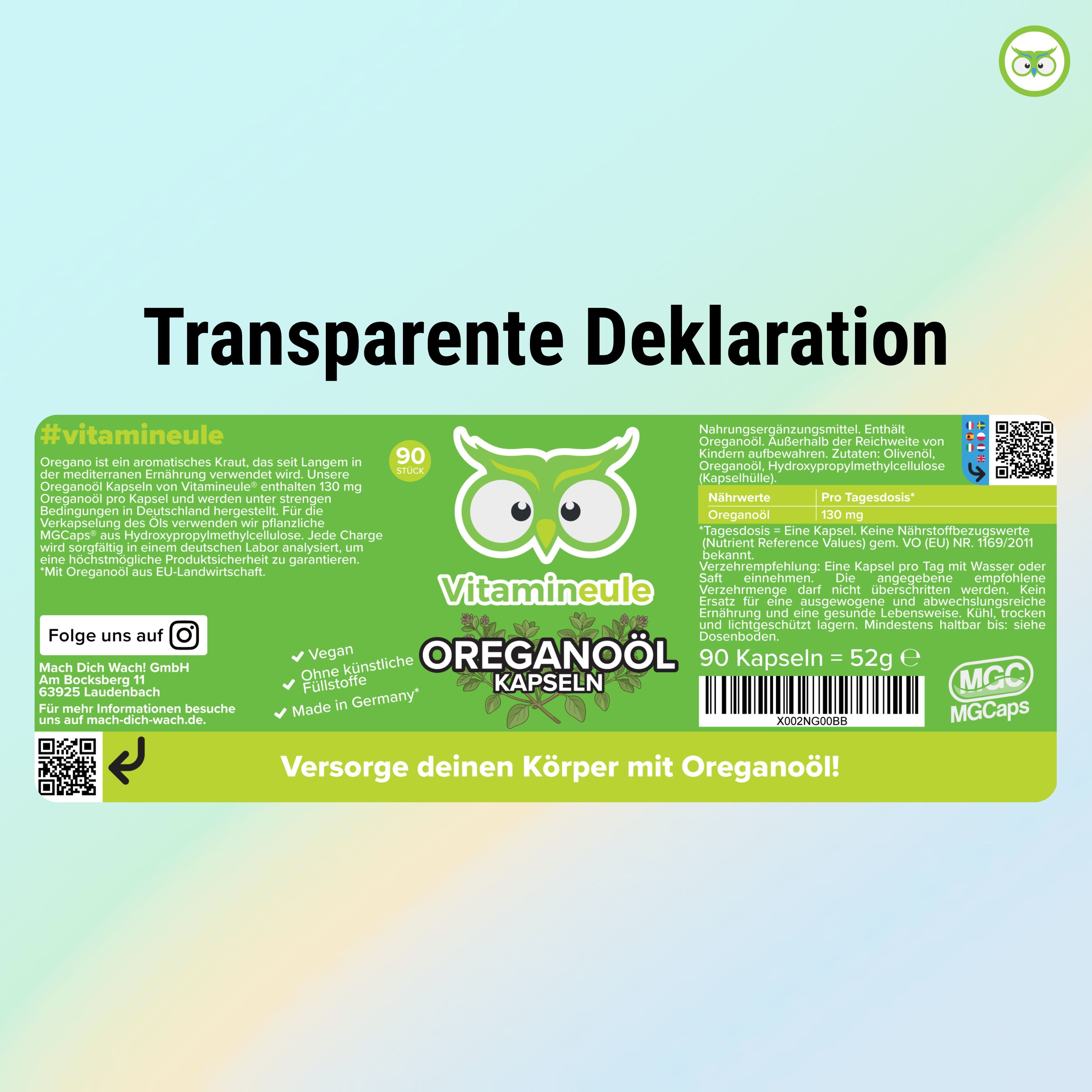 Flasche mit 90 Vitamineule Oreganoöl Kapseln. "Transparente Deklaration" und "Made in Germany" Siegel.