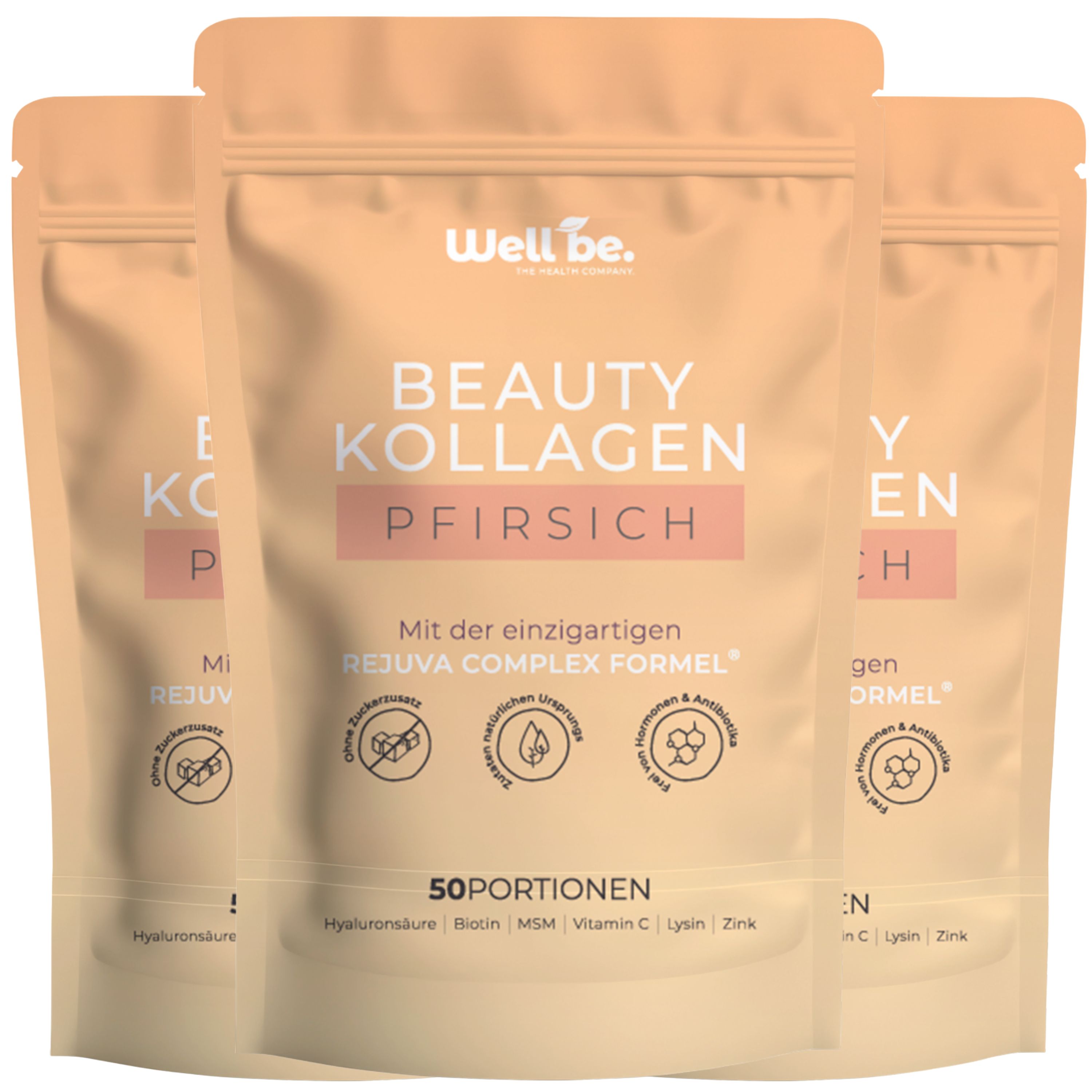 Drei Beutel Well be. Beauty Kollagen Pfirsich Pulver.