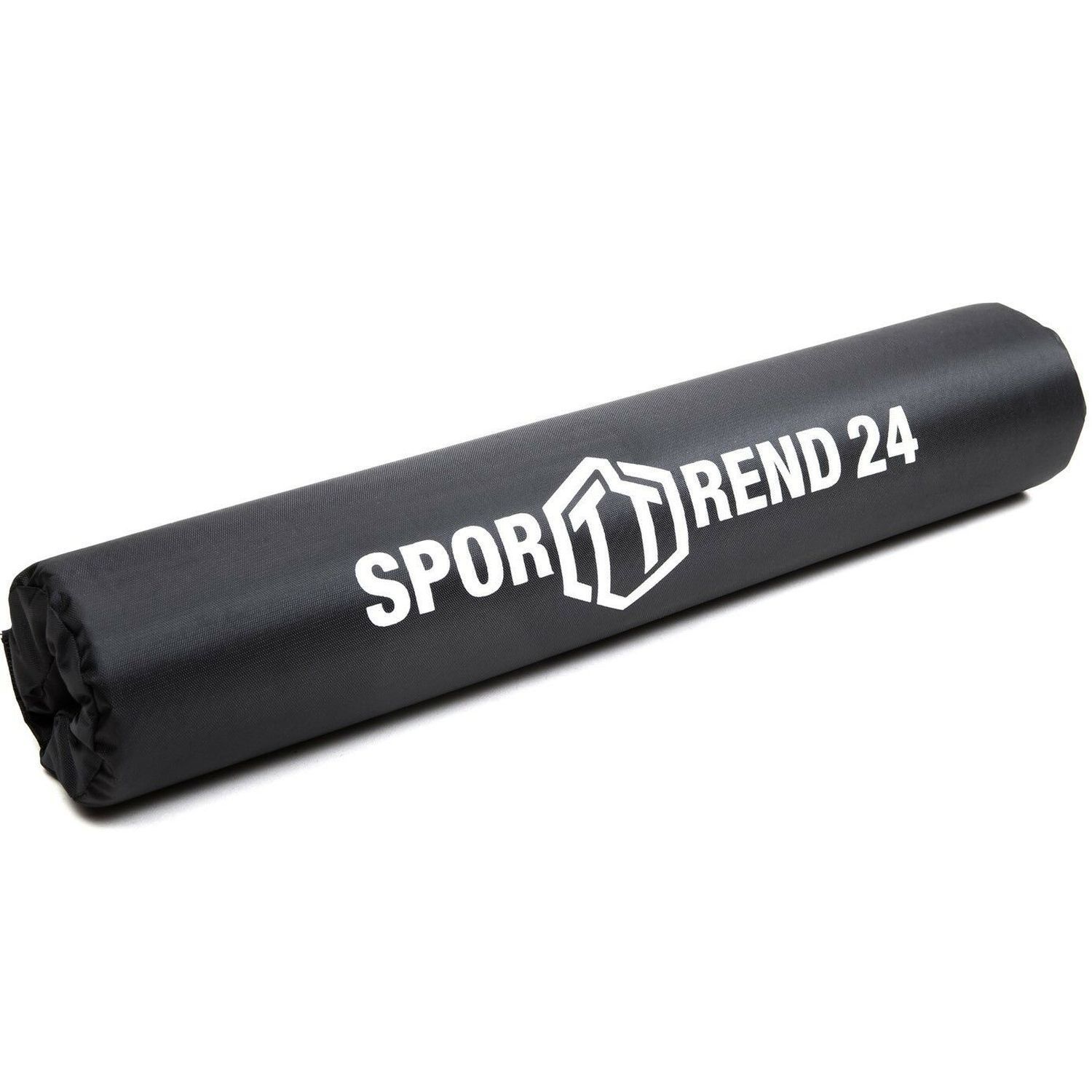 Schwarzes Nackenpolster für Langhantelstangen mit weißem "SPORTTREND 24" Logo. Zylindrische Form.