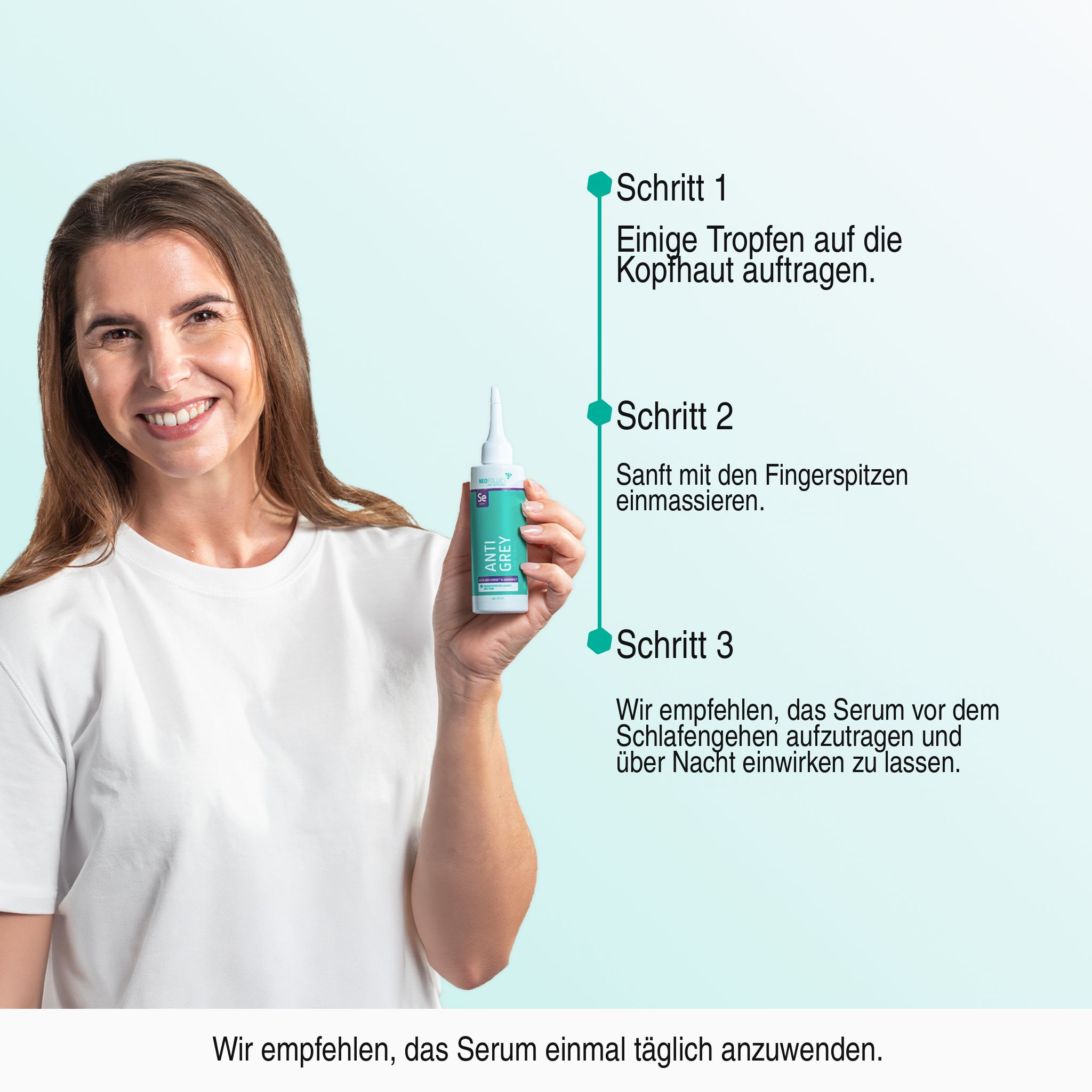Frau hält Neofollics Anti-Grauhaar-Serum und zeigt Anwendungsschritte.