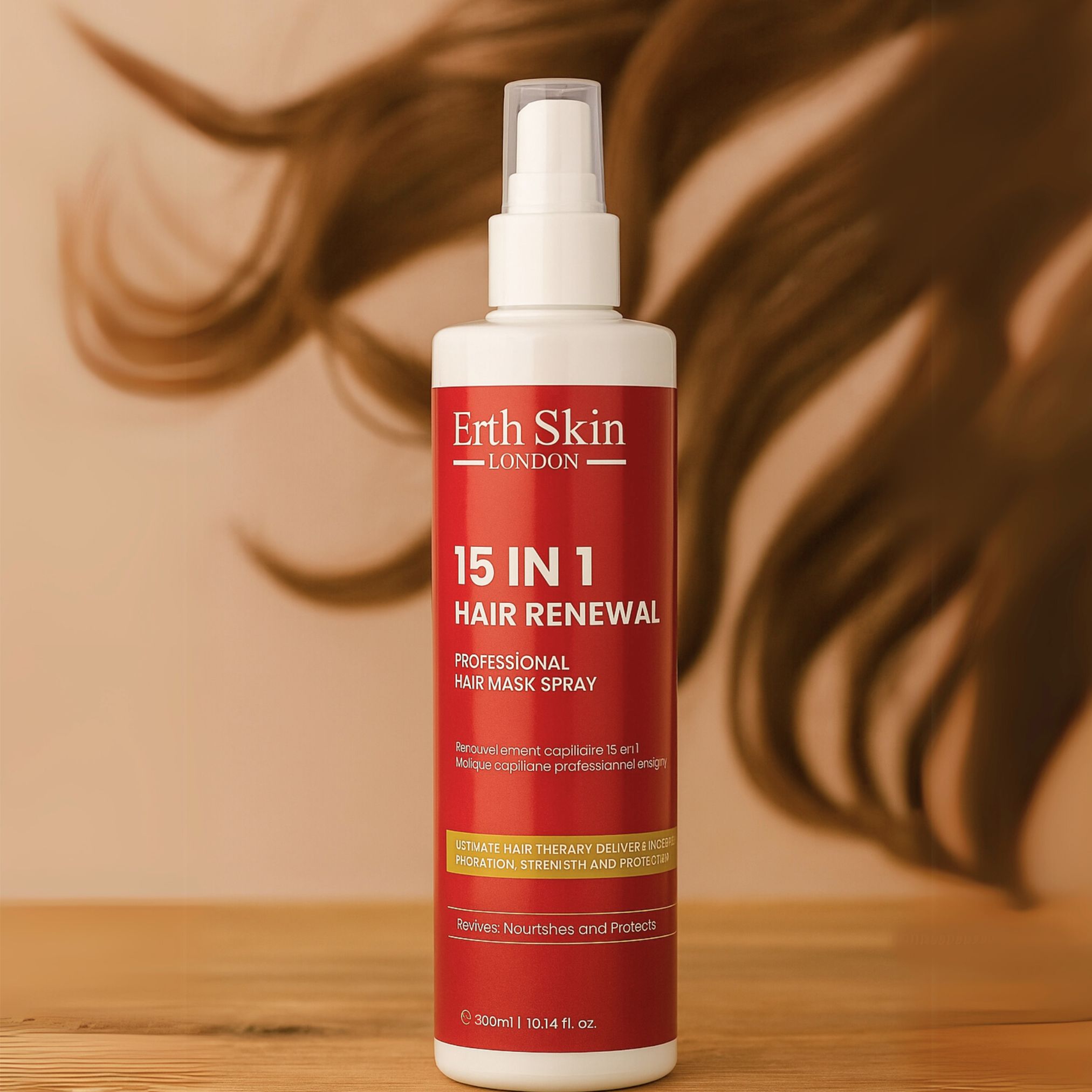 Erth Skin London 15-in-1 Haarmaskenspray in einer roten Sprühflasche, mit Haaren im Hintergrund.