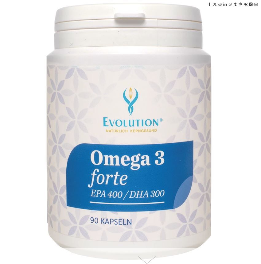 Weiße Dose mit blauem Etikett. Aufschrift: Evolution Omega 3 forte EPA 400/DHA 300. 90 Kapseln. Blütenmuster auf der Dose.