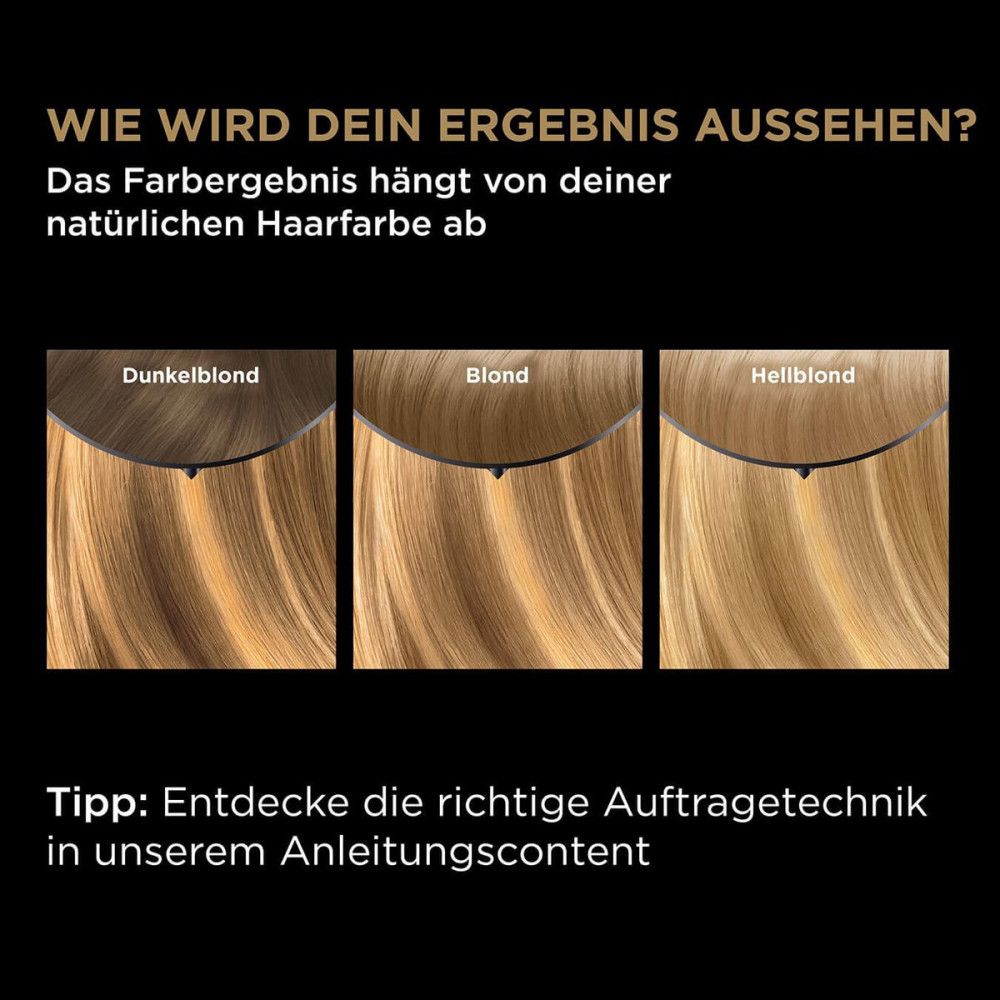 Drei Haarfarben-Beispiele: Dunkelblond, Blond, Hellblond. Text: Wie wird dein Ergebnis aussehen? Tipp: Anwendungstechnik im Anleitungscontent.