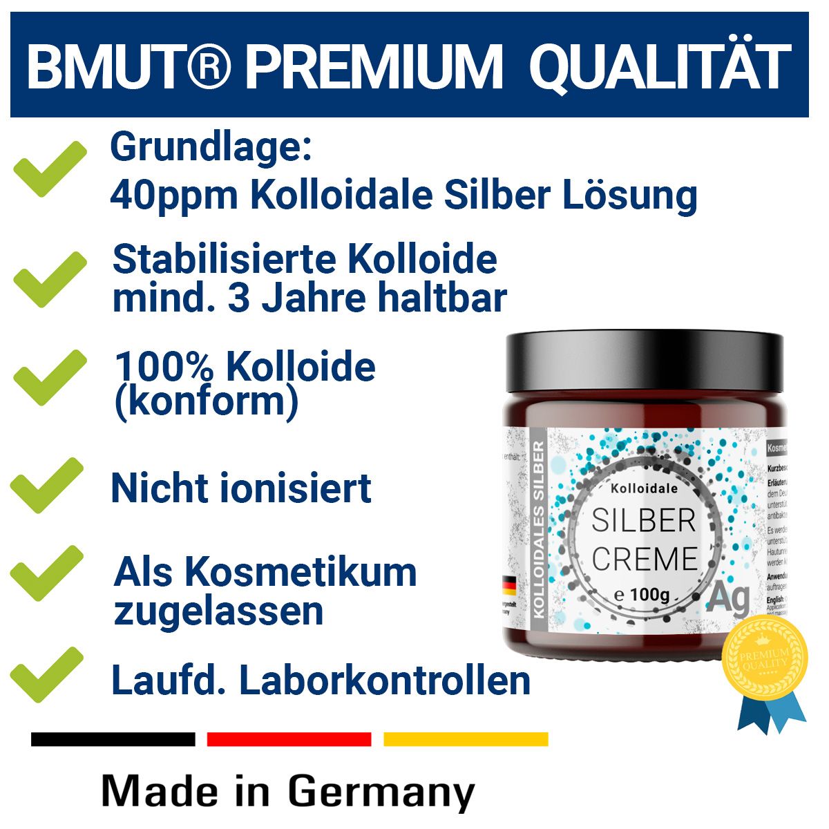 Braunes Glas mit Creme, Text: BMUT Premium Qualität, 40ppm Kolloidale Silber Lösung, Made in Germany.