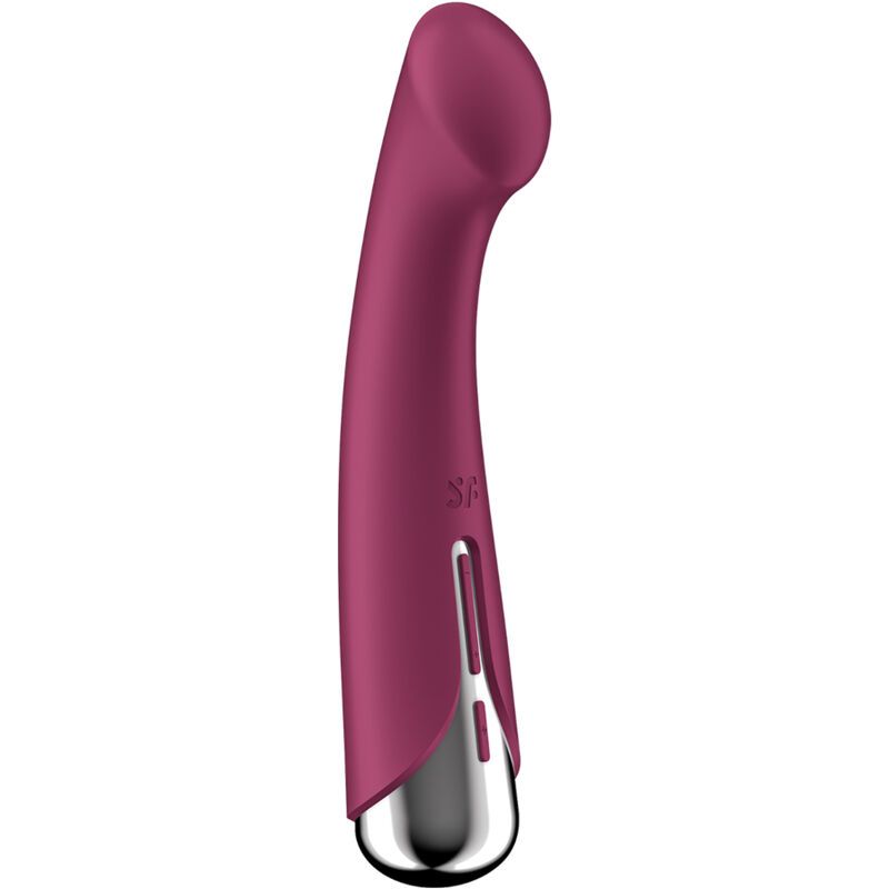 Bordeauxfarbener Vibrator mit silberfarbenem Kopf. Gebogene Form. SF-Logo.
