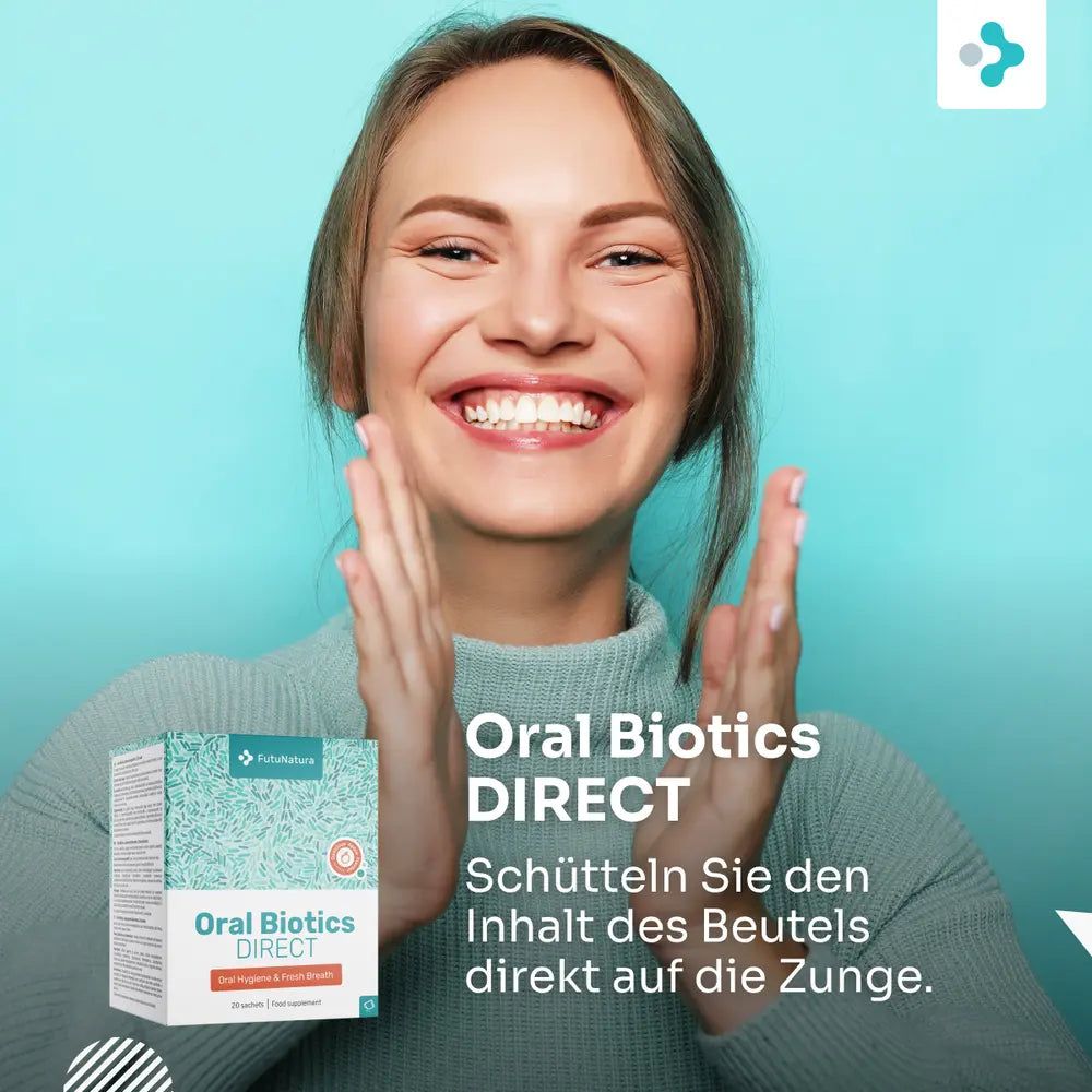 Frau lächelt. Produktpackung und Text: Oral Biotics DIRECT. Text: Inhalt direkt auf die Zunge schütten.