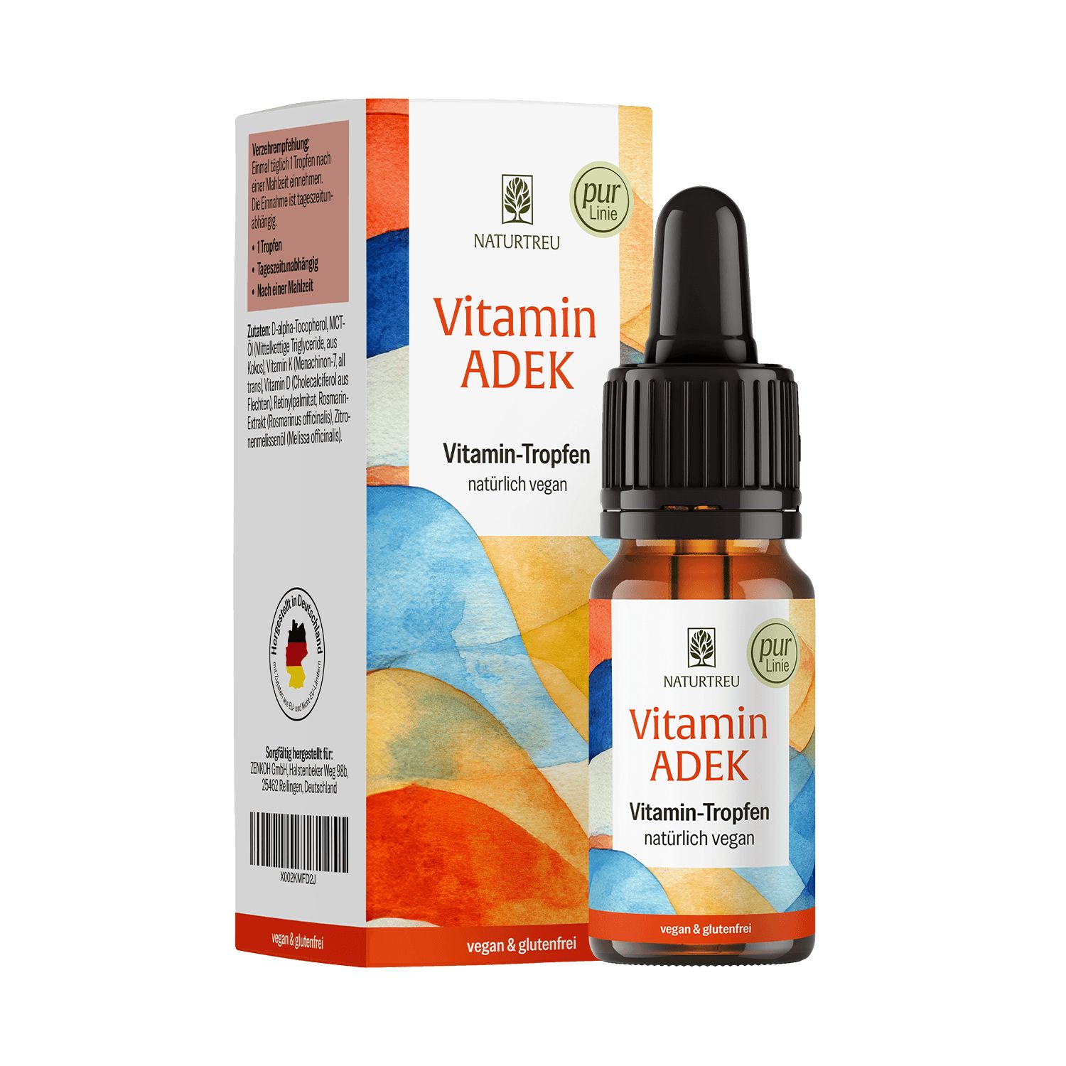 NATURTREU Vitamin ADEK Tropfenflasche und Verpackung mit bunten Aquarell-Elementen.