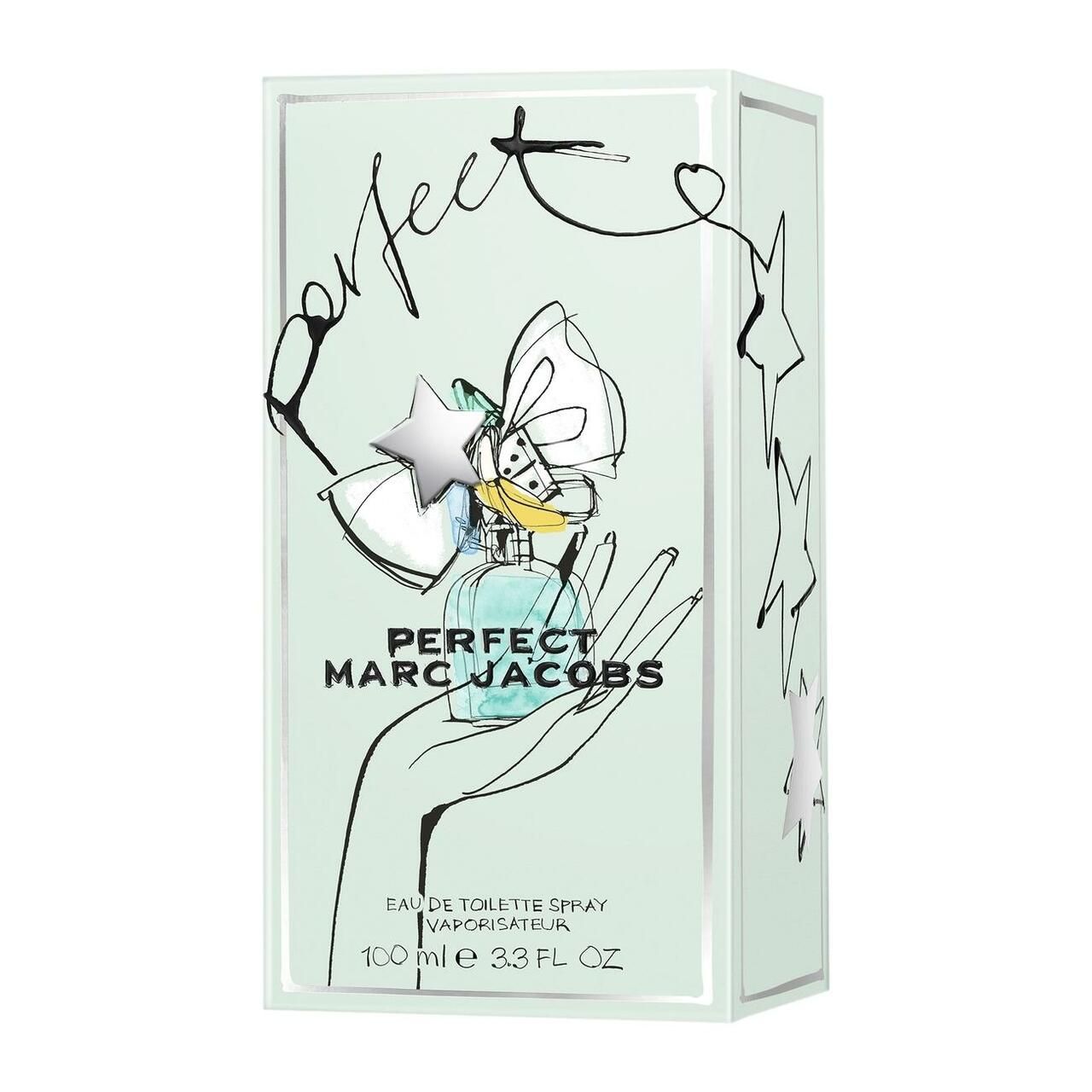 Verpackung von Marc Jacobs Perfect Eau de Toilette. Hellgrün, mit Sternen und einer Hand, die einen Flakon hält.