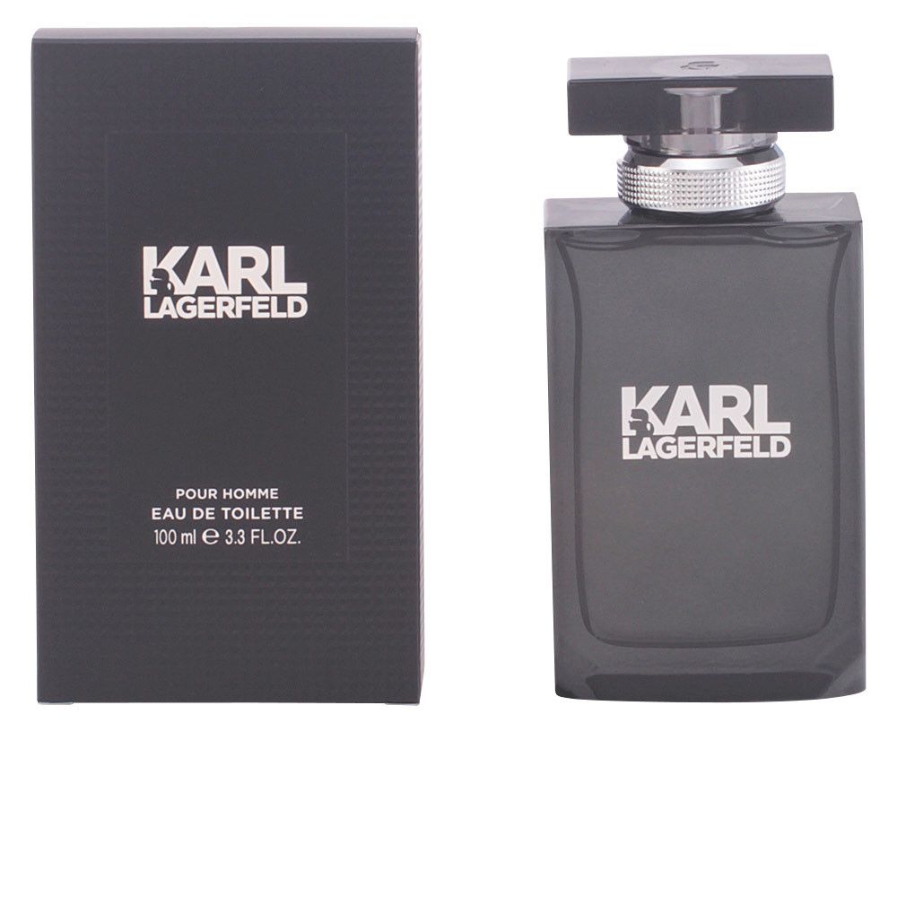 Schwarzer Flakon und Karton von Karl Lagerfeld Pour Homme Eau De Toilette. Flakon mit silbernem Verschluss.