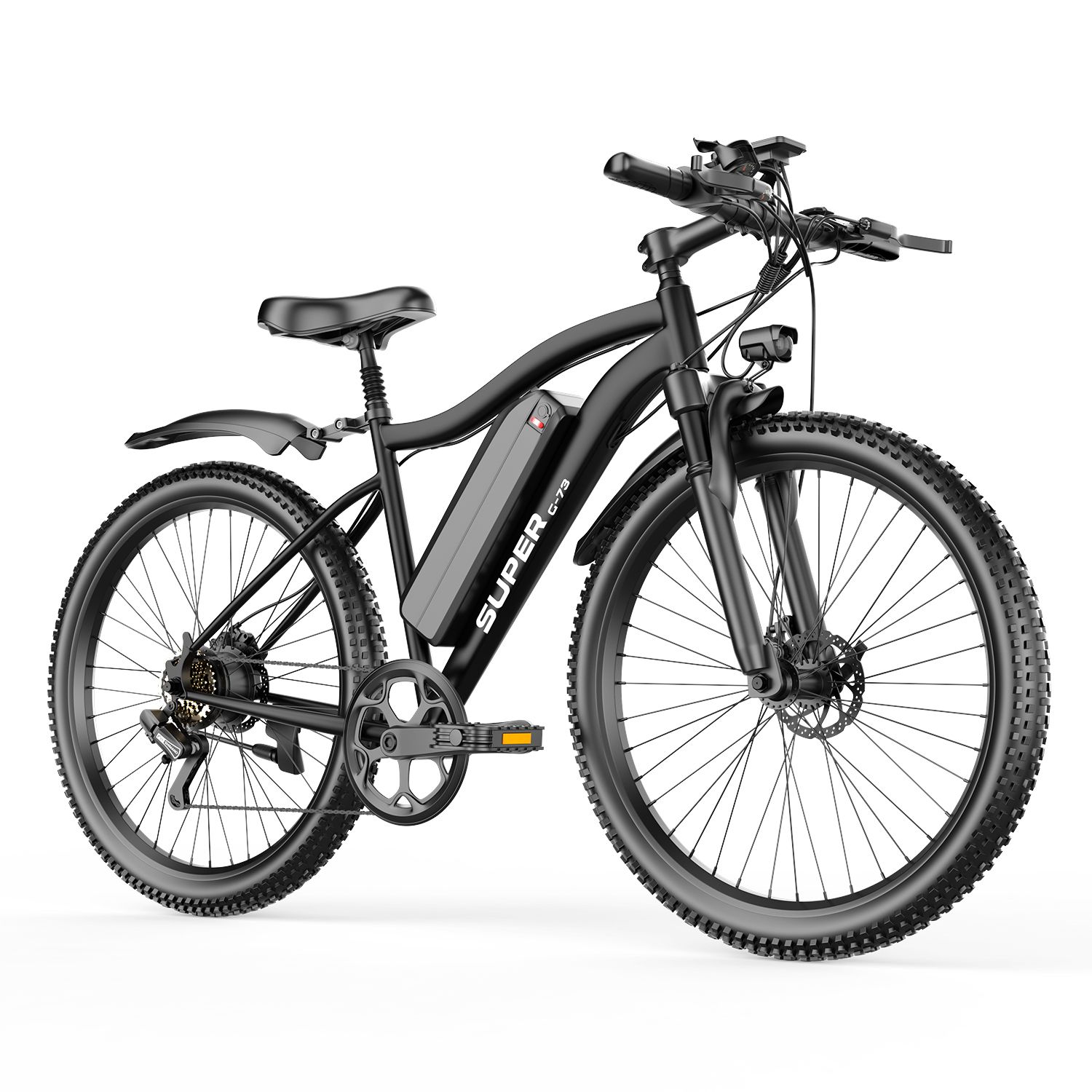 Schwarzes Elektrofahrrad, Seitenansicht. Sichtbare Details: Akku, Schutzbleche, Sattel, Pedale, Reifen.