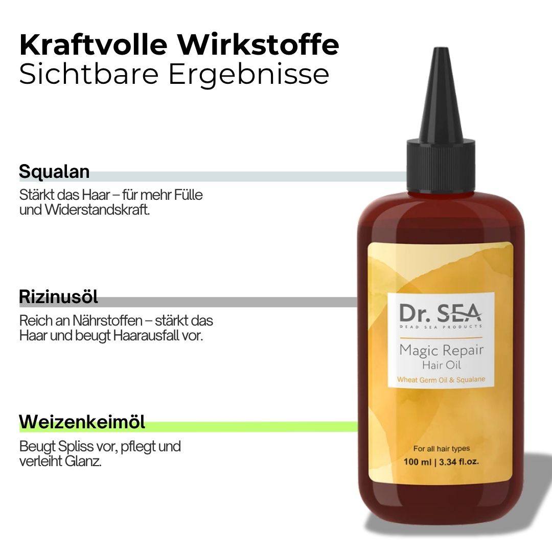 Produktflasche mit Text. Text: Squalane, Rizinusöl, Weizenkeimöl. Marke: Dr. SEA.