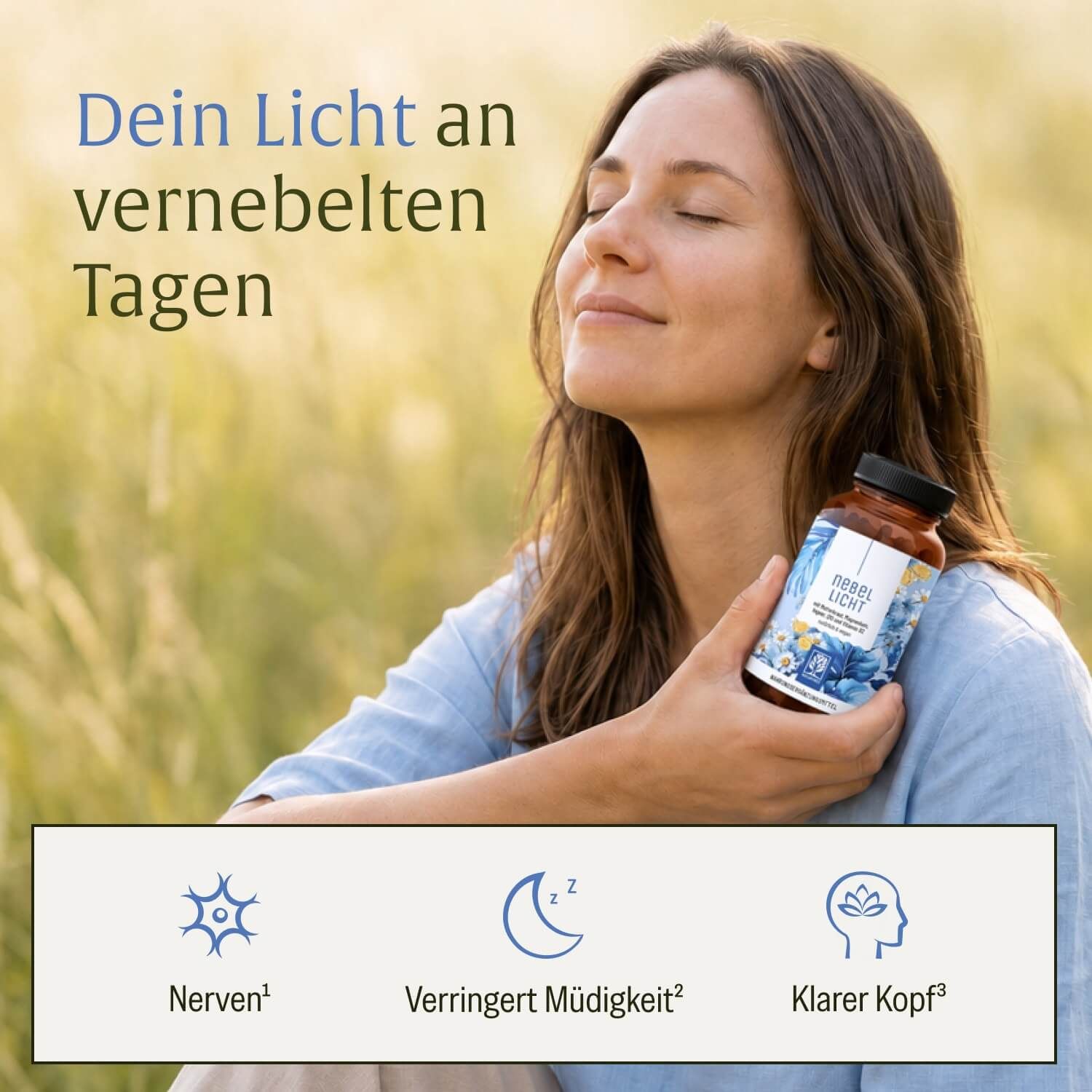 Frau hält Flasche Mutterkraut Komplex hochdosiert, mit Symbolen für Nerven, Müdigkeit, Kopf.