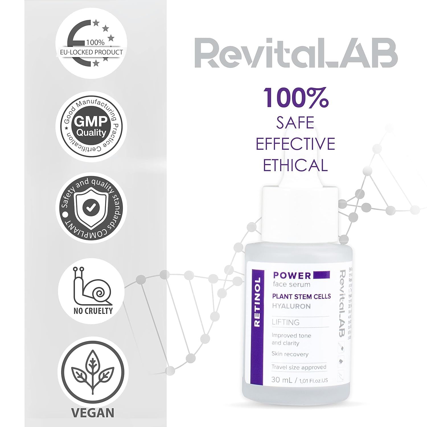 Serumflasche mit Logos und Zertifizierungen. Aufschrift: POWER face Serum, Retinol, Pflanzenstammzellen, Hyaluron. Vegan, GMP, EU-Produkt.