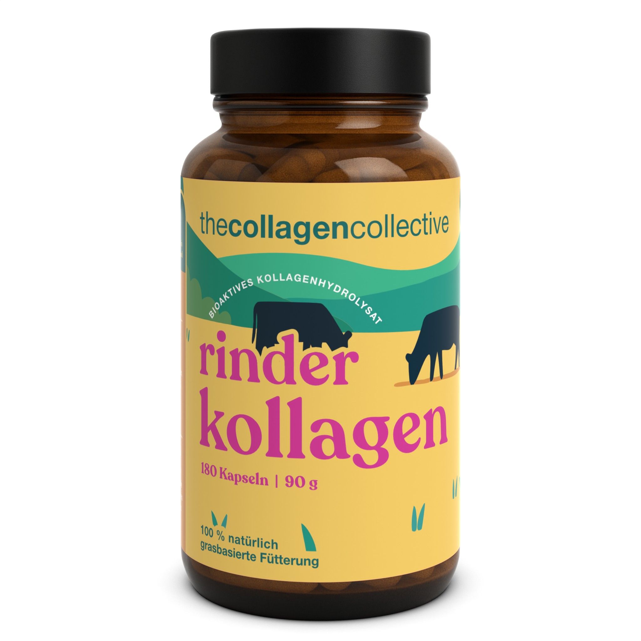 Braune Glasflasche mit schwarzen Deckel. Aufkleber mit Text: Rinder Kollagen, 180 Kapseln, 90g. Marke: thecollagencollective.