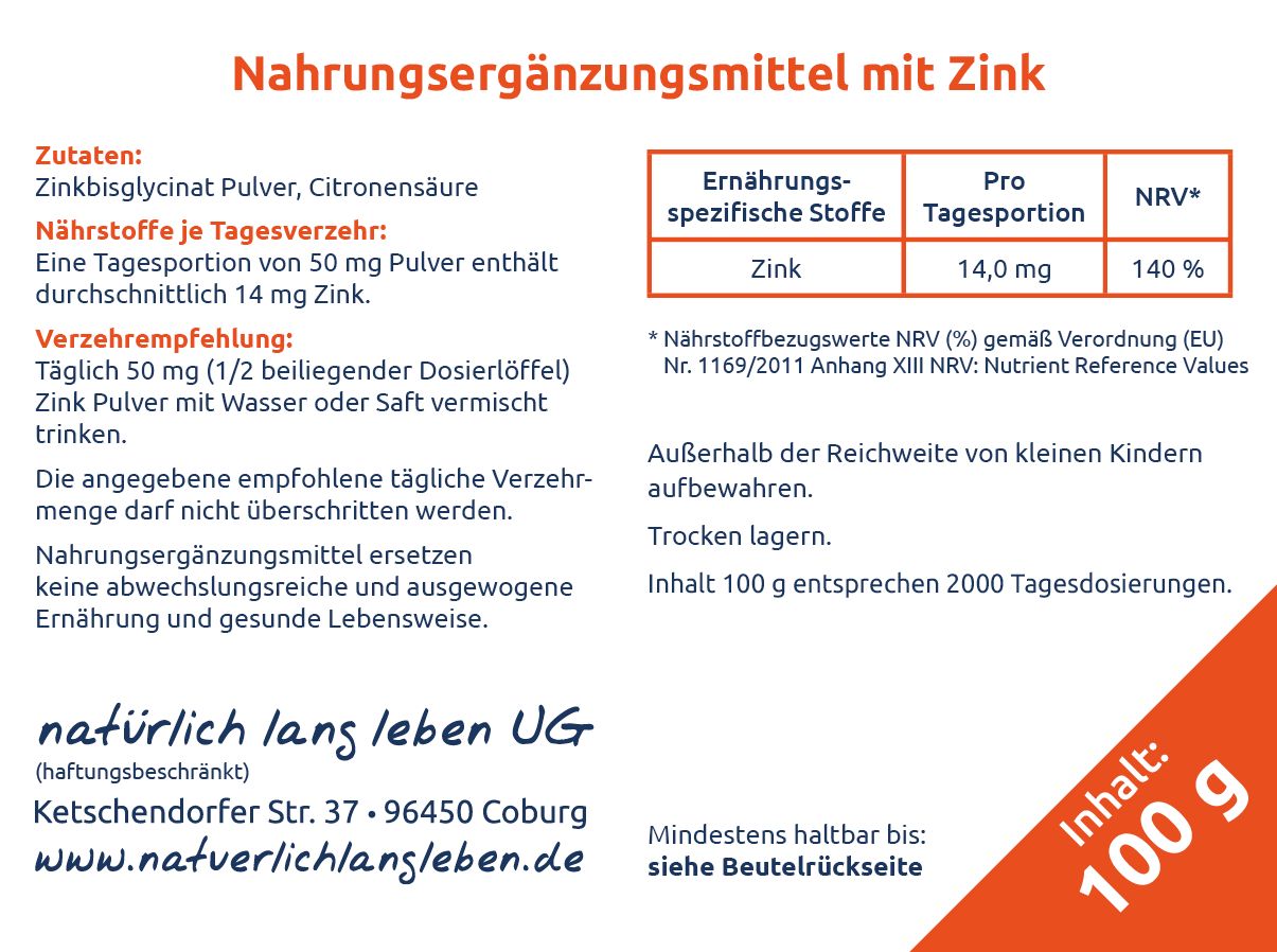 Nahrungsergänzungsmittel mit Zink: Zutaten, Nährwerte und Verzehrempfehlung auf Etikett.