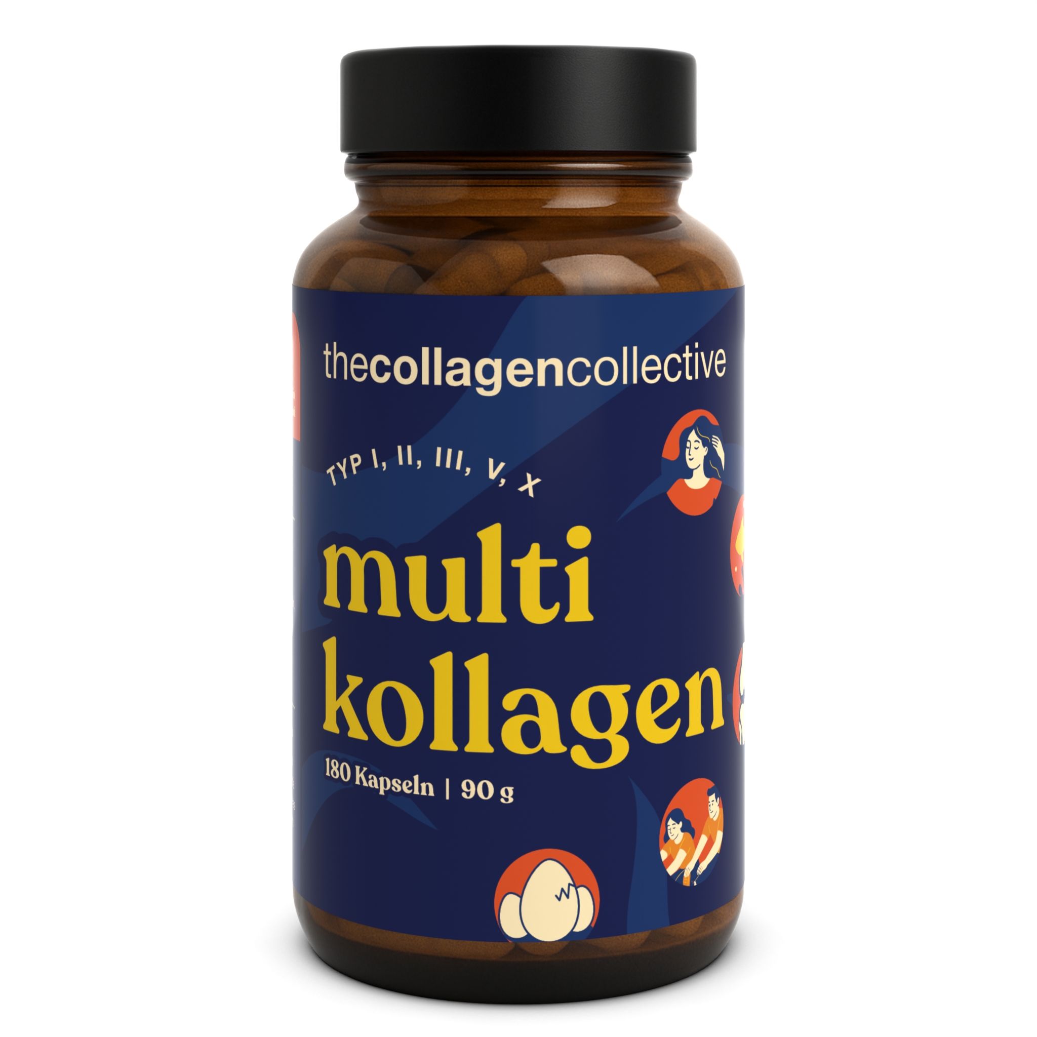 Braune Flasche mit schwarzen Deckel. Aufkleber mit Produktnamen und Schriftzug. Enthält 180 Kapseln. Marke: The Collagen Collective.