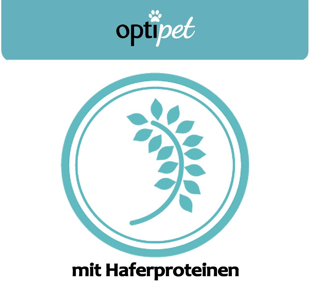 Blaues Logo mit Ährensymbol. Text: mit Haferproteinen. Optipet Logo oben.