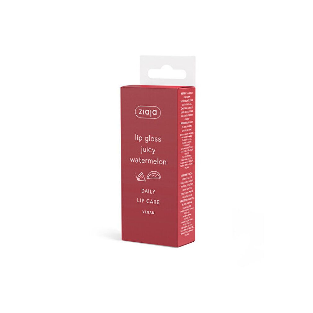 Rote Verpackung mit Lipgloss-Tube. Aufschrift: Ziaja, lip gloss juicy watermelon, Daily Lip Care, Vegan.
