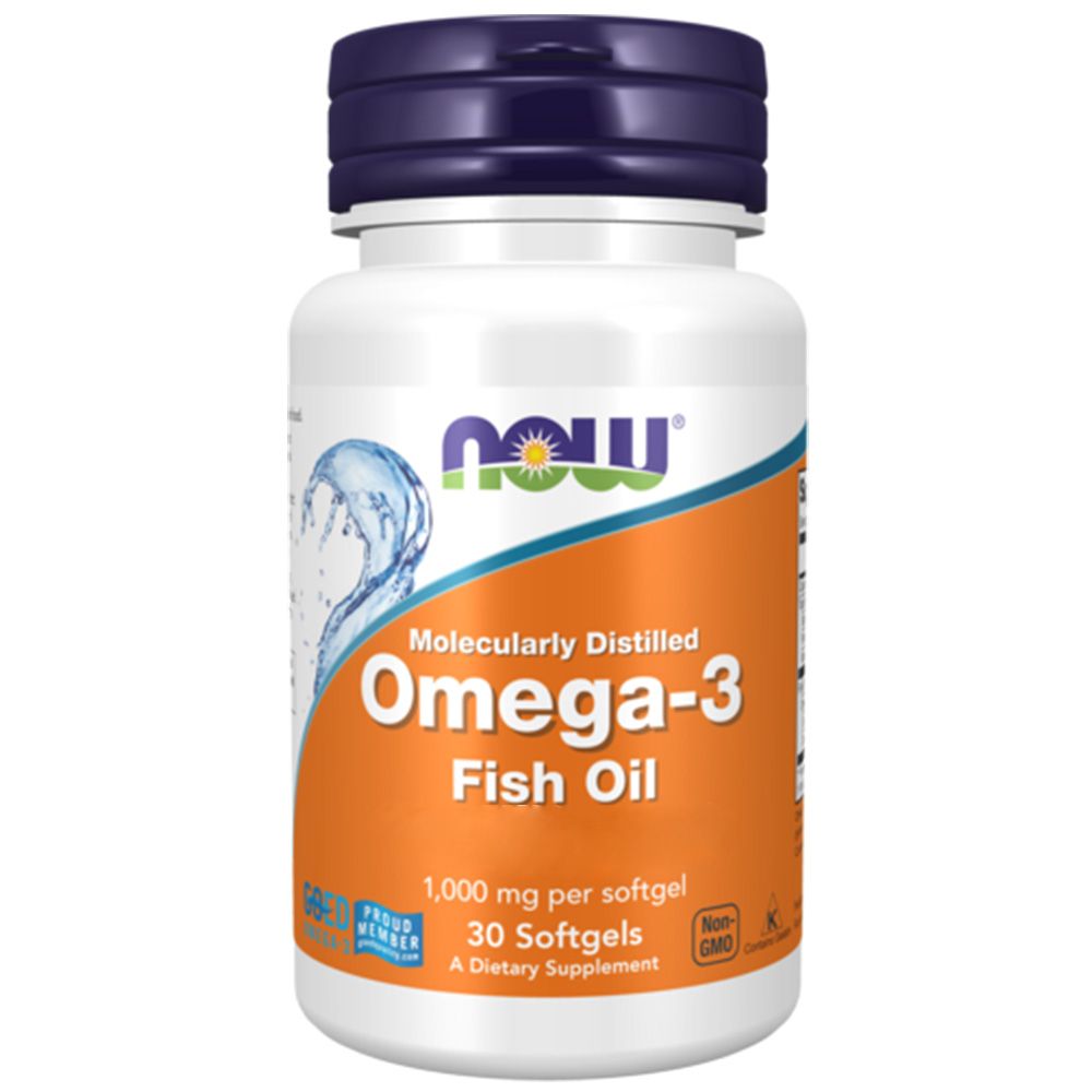 Weiße Flasche mit blauem Deckel. Aufschrift: NOW, Omega-3, Fischöl. Enthält 30 Softgels. Nicht-GVO.