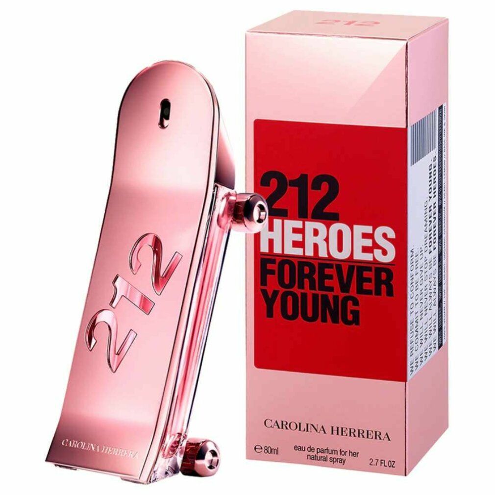 Rosafarbener Flakon in Skateboard-Form und rosa Verpackung. Aufschrift: 212 HEROES FOREVER YOUNG. Marke: CAROLINA HERRERA.