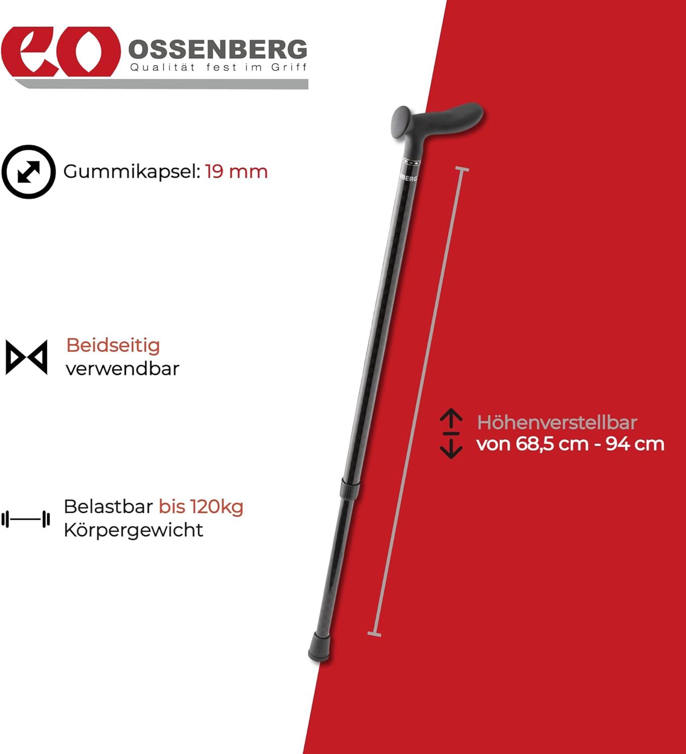 Gehstock mit Soft-Entenschnabelgriff. Anthrazit. Text: Gummikapsel 19 mm, beidseitig verwendbar, belastbar bis 120kg, höhenverstellbar 68,5-94 cm.