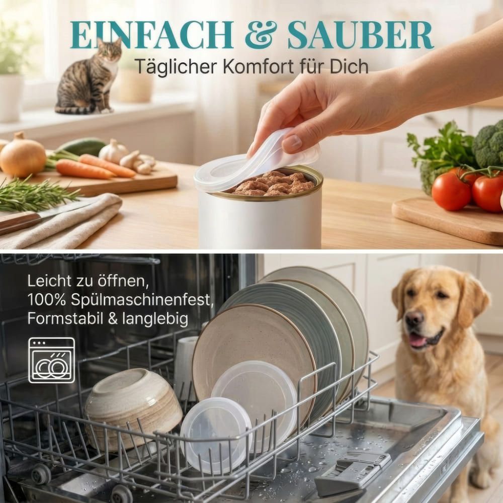 Deckel auf Dose. Aufschrift: Einfach & sauber. 100% spülmaschinenfest. Formstabil & langlebig. Katze und Hund im Hintergrund.