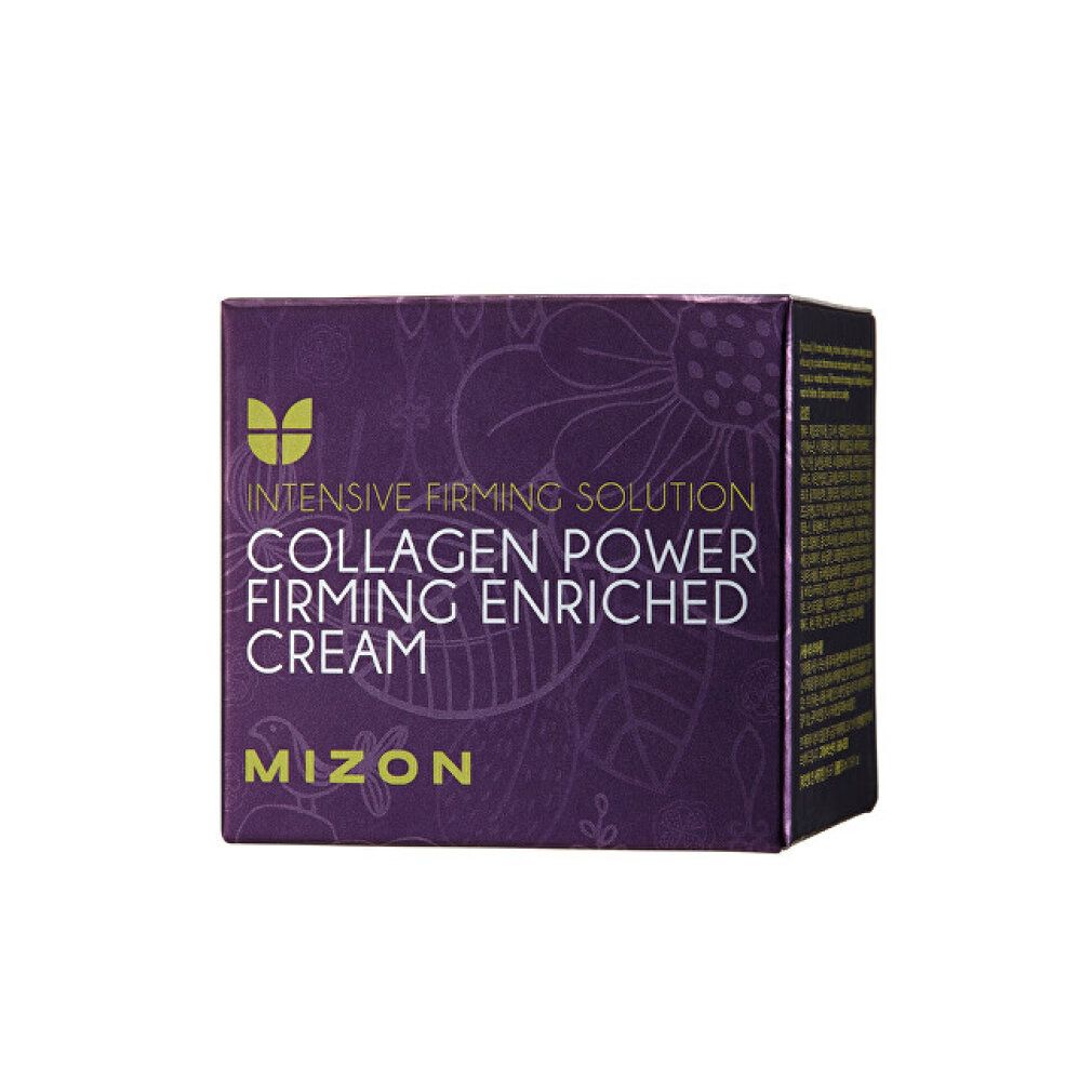 Violette Schachtel mit Aufschrift: Collagen Power Firming Enriched Cream, Mizon.